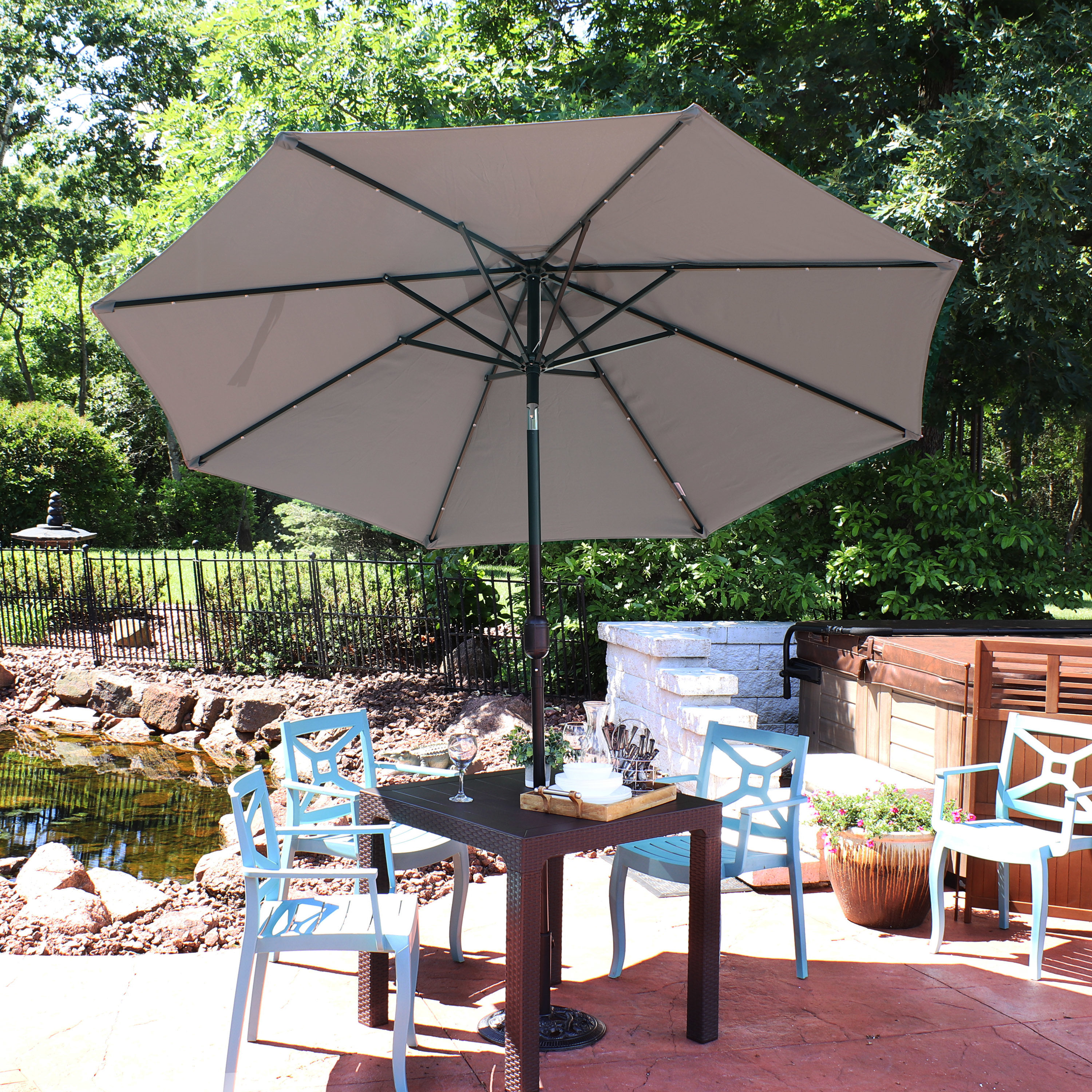 Gray 9-Foot Aluminum Market Patio Umbrella with Solar LED Lights