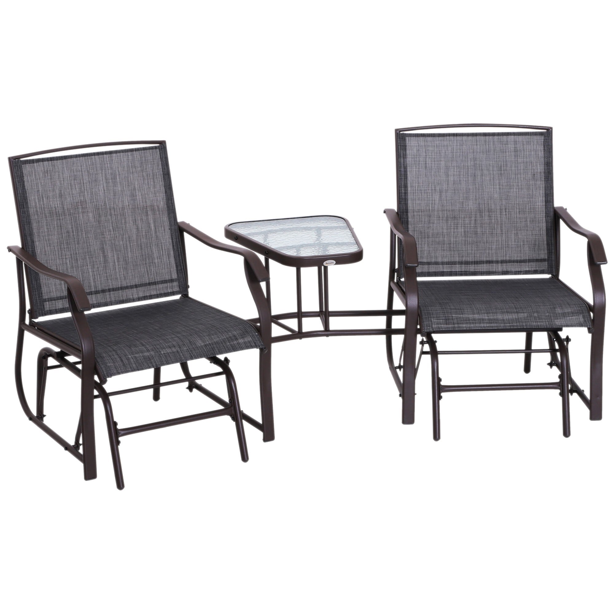 Miki Shinly AB-2499-179JJ Outdoor Patio Chair Set Set of 2 Brown Steel Frame Glider Conversation Chair with Gray Slat Seat