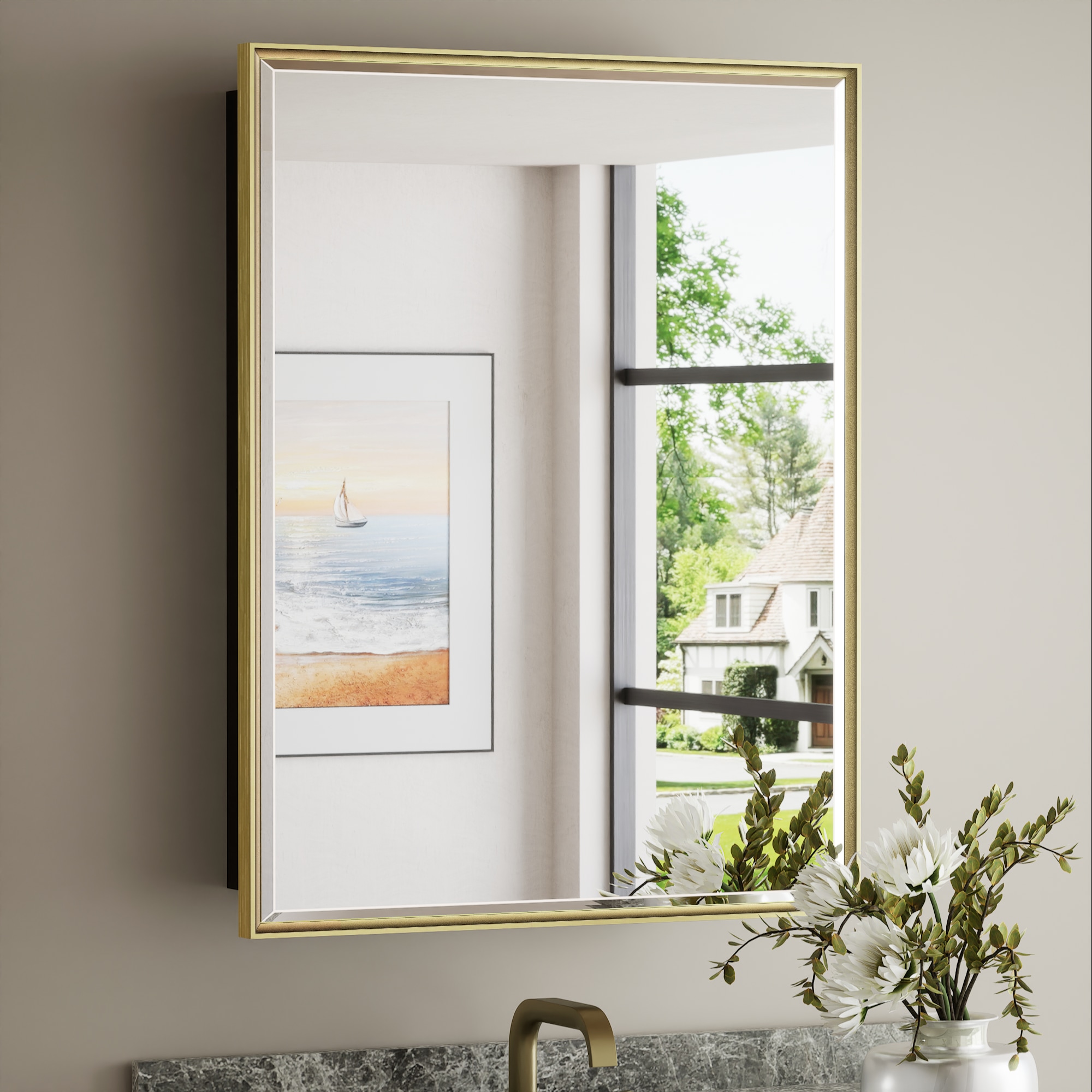 Keonjinn LW-JSKJG-FJ-5368GD 21-Inches x 27-Inches Surface/Recessed Mount Brushed Gold Mirrored Rectangle Soft Close Medicine Cabinet