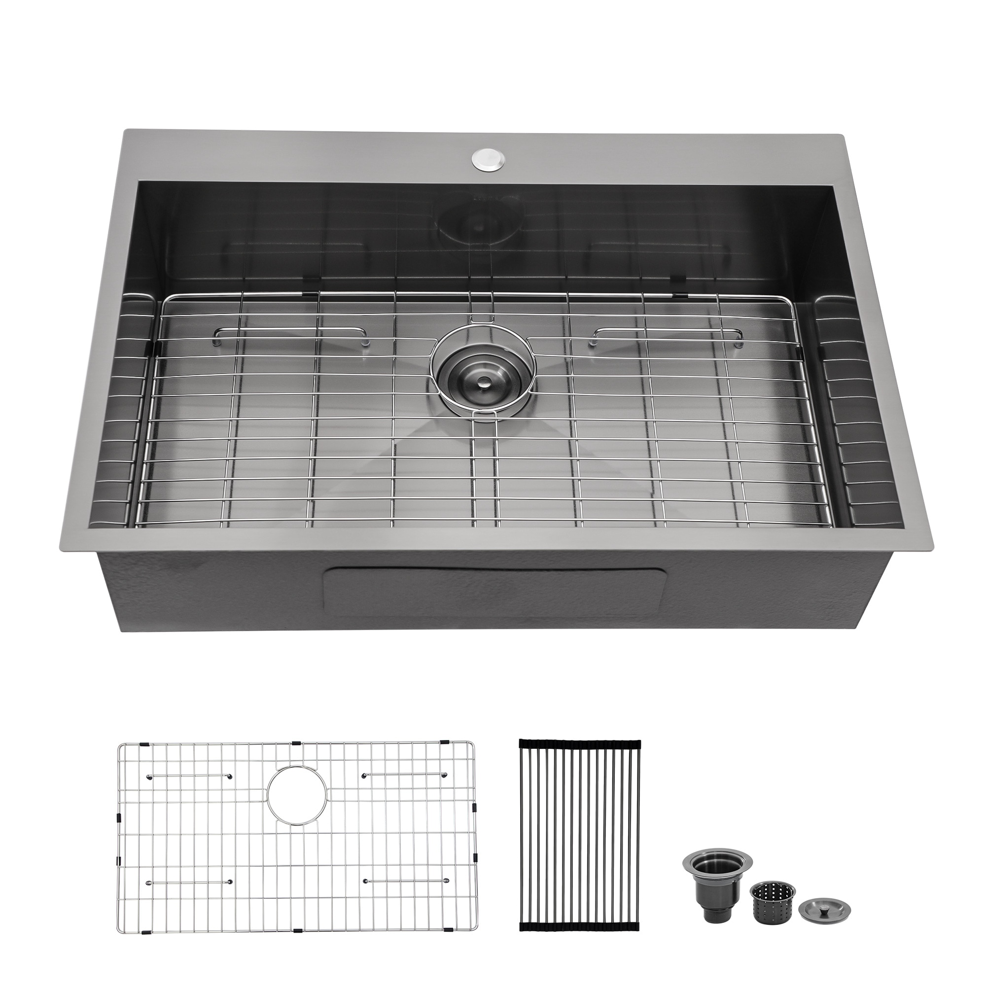KICHAE Drop-in 30-in x 22-in 16 Gauge Stainless Steel Single Bowl Kitchen Sink in Black with Bottom Grid