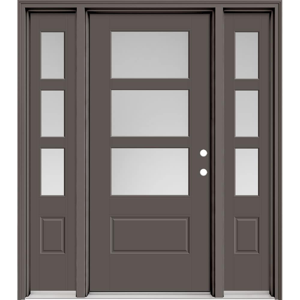 Masonite 630505 Performance Door System 64-in x 80-in x 4-9/16-in Fiberglass 3/4 lite Left-hand inswing Timber Gray Painted Prehung Front Door with Sidelights with Brickmould Insulating core with Grilles
