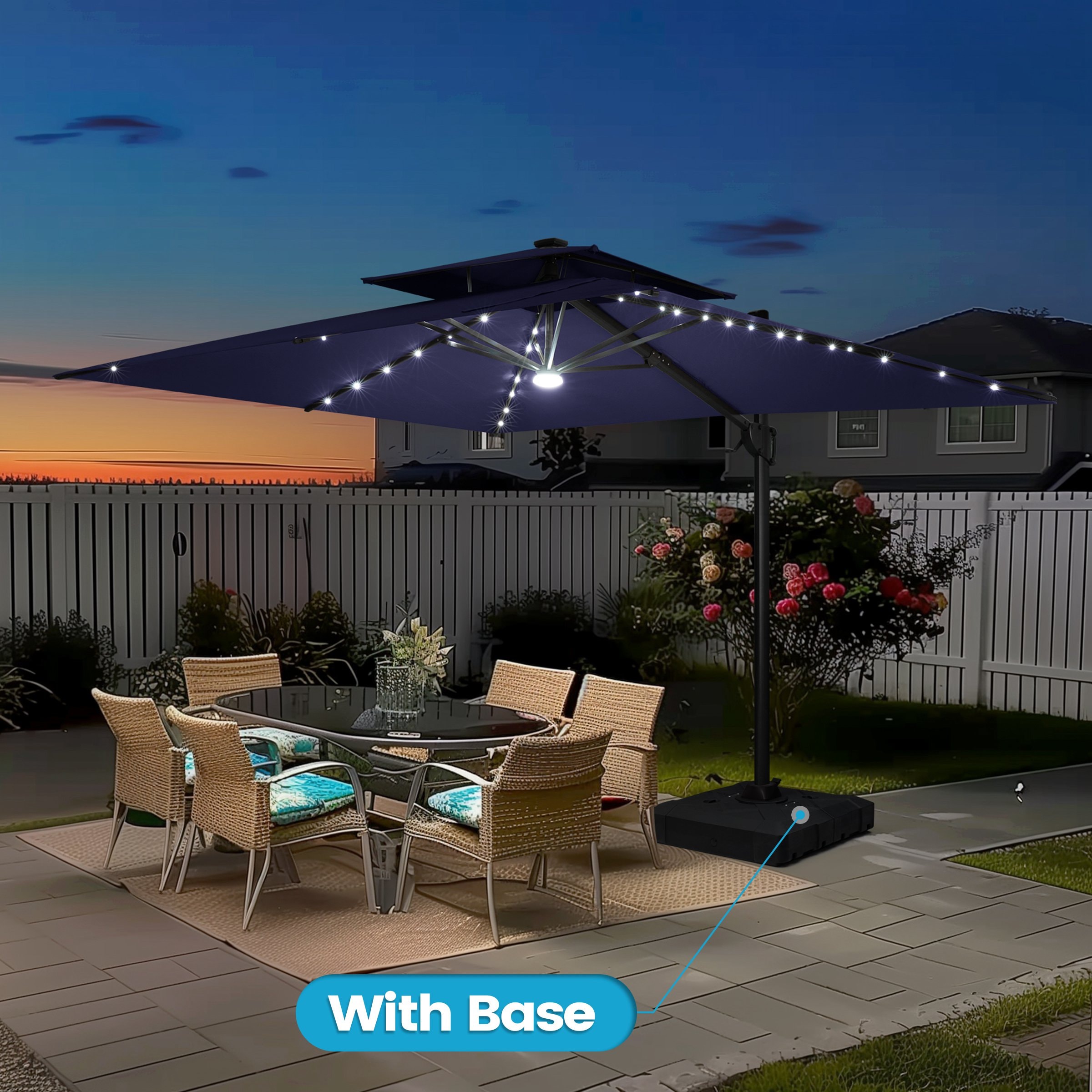 Crestlive Products 11-ft Aluminum Blue Slide-tilt Cantilever Patio Umbrella with Lights with Base