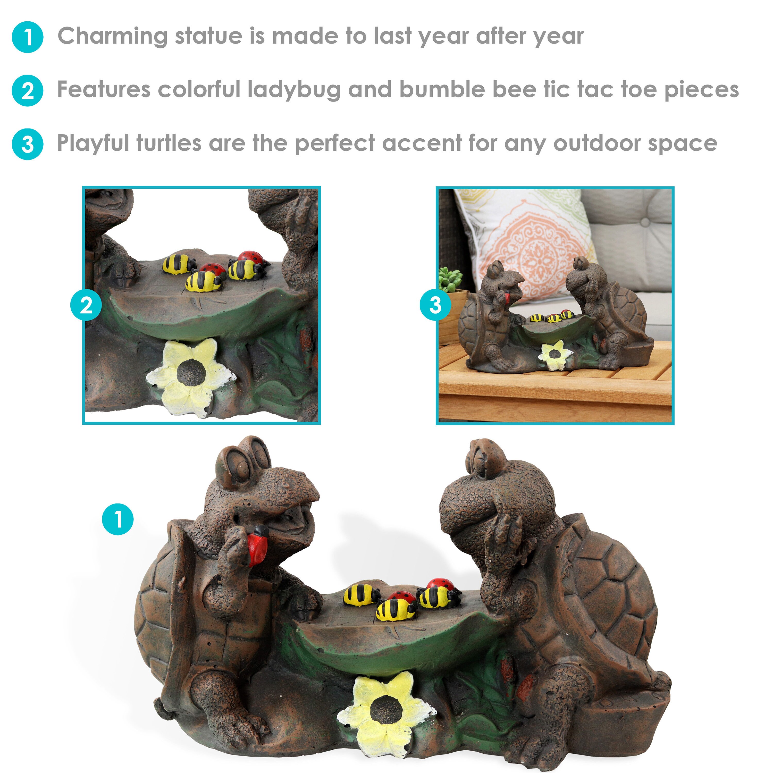 Sunnydaze 7.5-Inch Brown Concrete Turtle Tic Tac Toe Garden Statue
