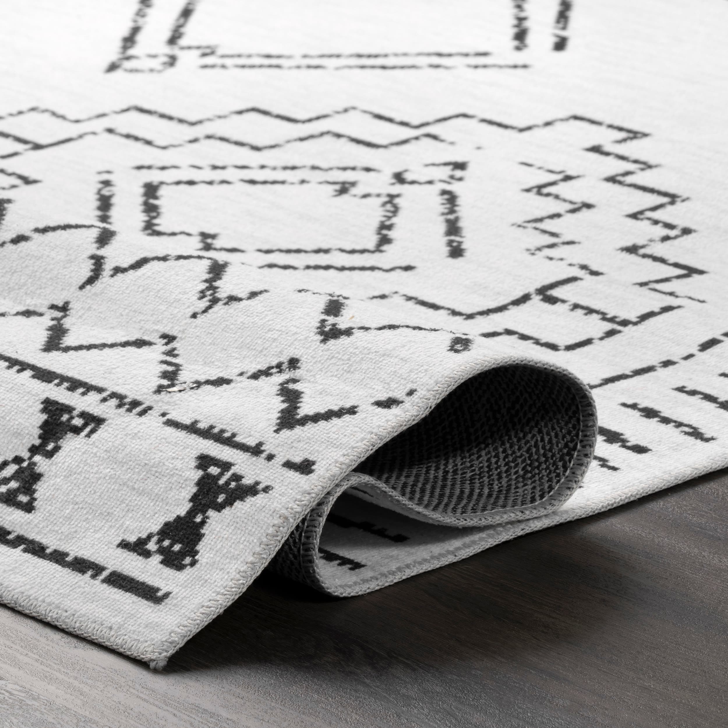 Ivory and Black Machine Washable Moroccan Area Rug