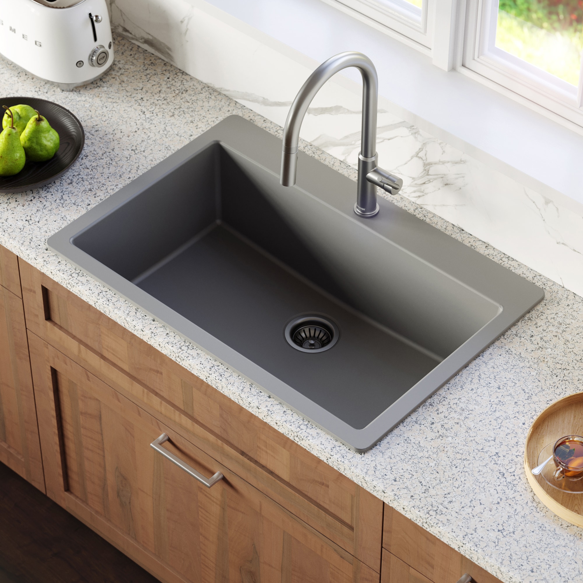 Karran Drop-in 33-in X 22-in Grey Quartz Single Bowl 1-hole Kitchen 