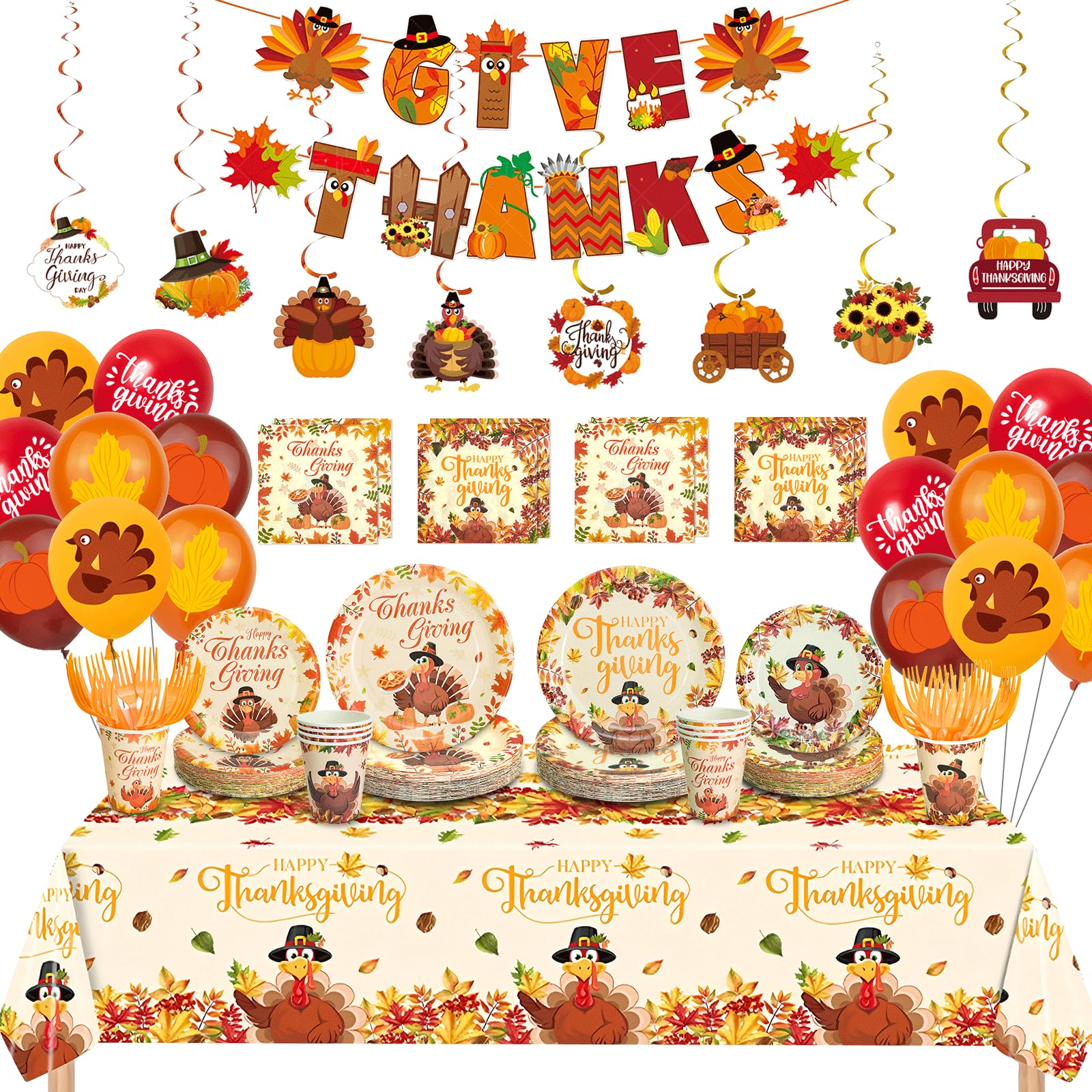 Aoibox  154 Piece Thanksgiving Turkey Disposable Party Supplies Set Serving 24 Autumn Themed Dinnerware