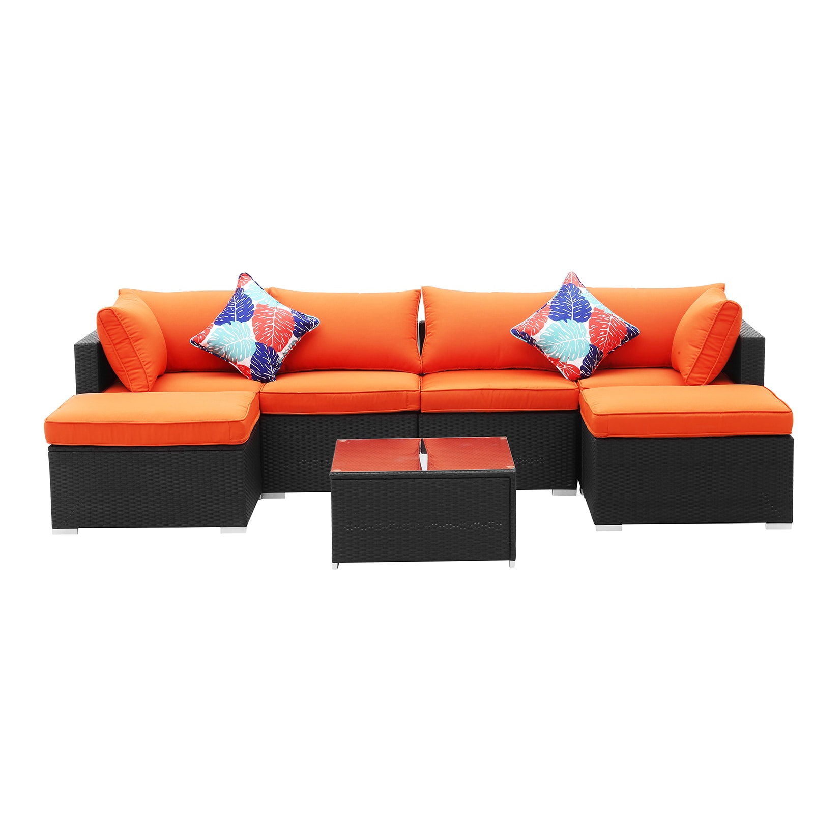 Flynama YH-CT-7-OR 7-Piece Rattan Patio Conversation Set with Orange Cushions