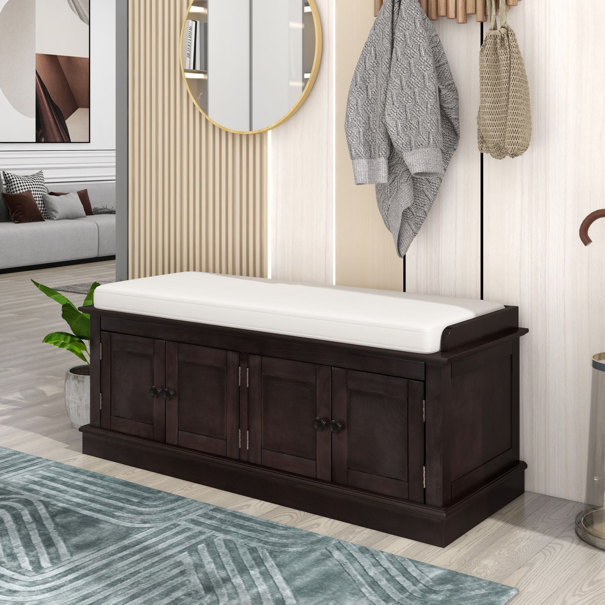ModernLuxe WF284227AAP Storage Bench with 4 Doors and Adjustable Shelves Shoe Bench with Removable Cushion for Living Room Entryway Espresso