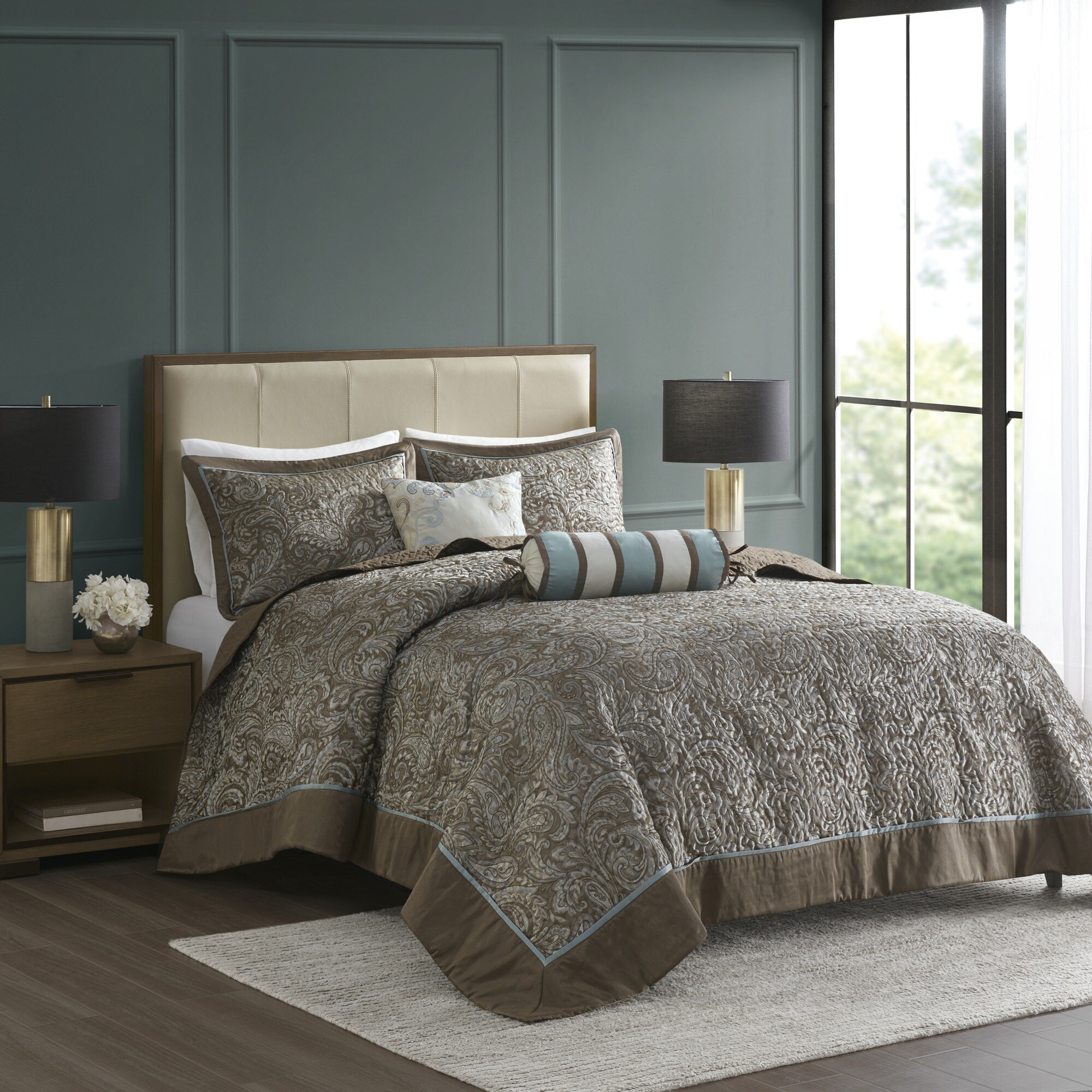 HyperDrop Cart Queen Blue/Brown Jacquard 5-Piece Bedspread Set with Throw Pillows - Heavy-Duty for Guest Room