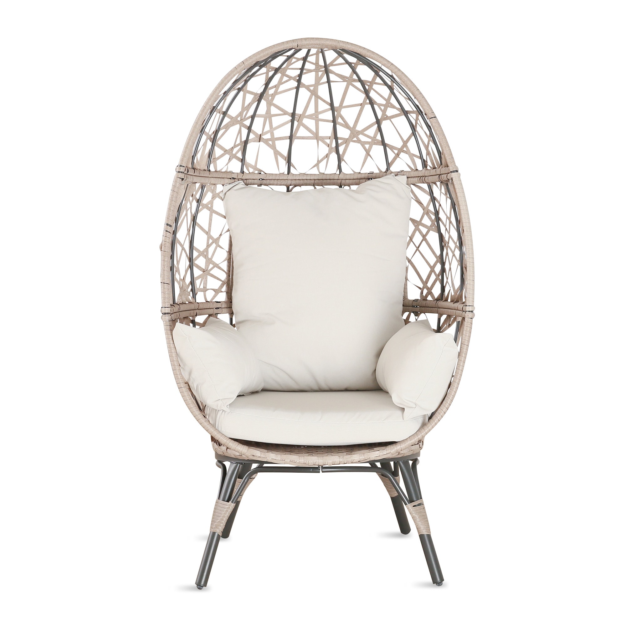 Egg Chair Wicker Black Metal Frame Stationary Egg Chair with Off-white Olefin Cushioned Seat | - PEAK HOME FURNISHINGS 970402-LB