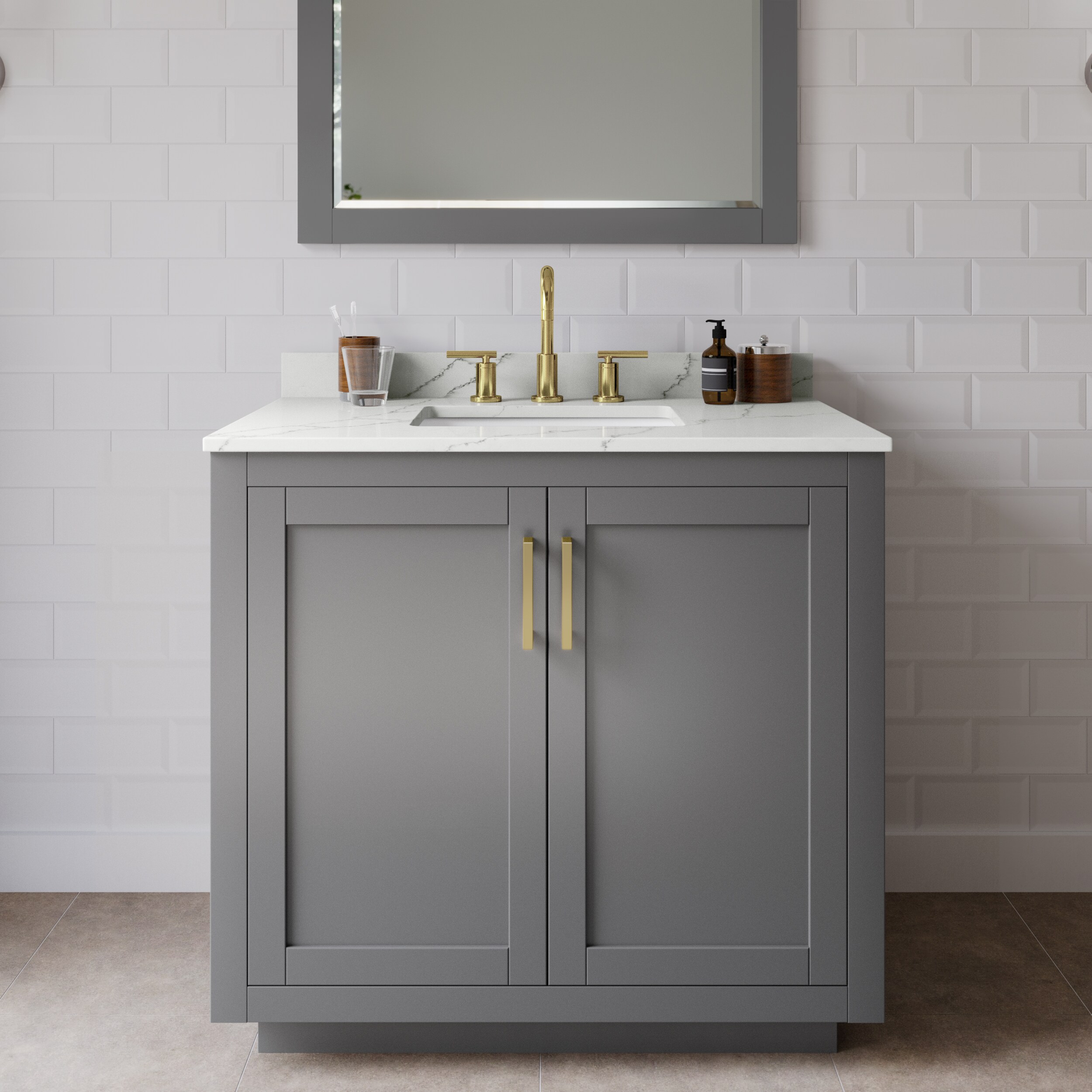 Wyndham Collection WCF292936SGGGTUS3M34 Miranda 36-in Dark Gray Undermount Single Sink Bathroom Vanity with Giotto Quartz Top (Mirror Included)