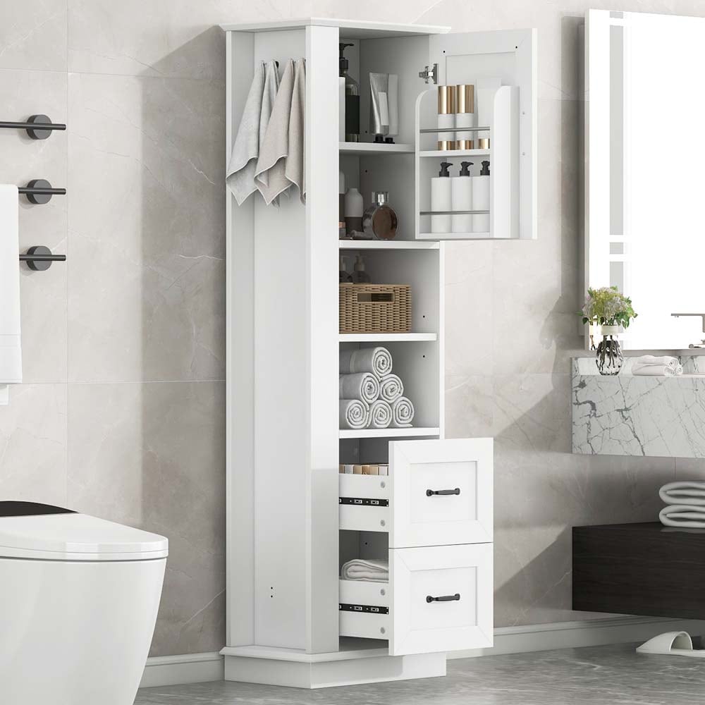 SereneVita 68-inch Tall Narrow Bathroom Storage Cabinet with Drawers Modern Linen Cabinet with Hook and Adjustable Shelves Freestanding Utility Storage Cabinet for Bathroom Laundry Living Room White