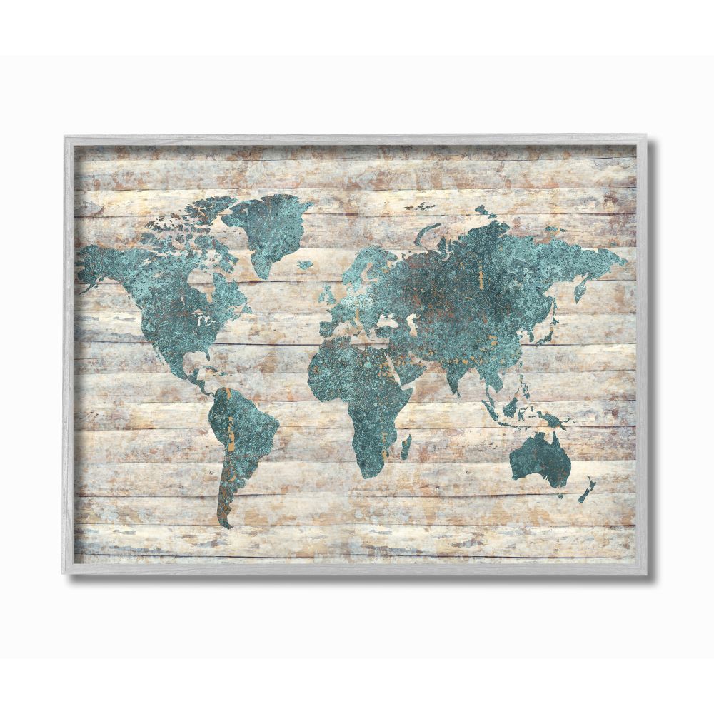 Stupell Industries AB-931-GFF-11X14 Intriguing Blue Patterned Map On Rustic Design Ziwei Li Framed 14-in H x 11-in W Maps Print