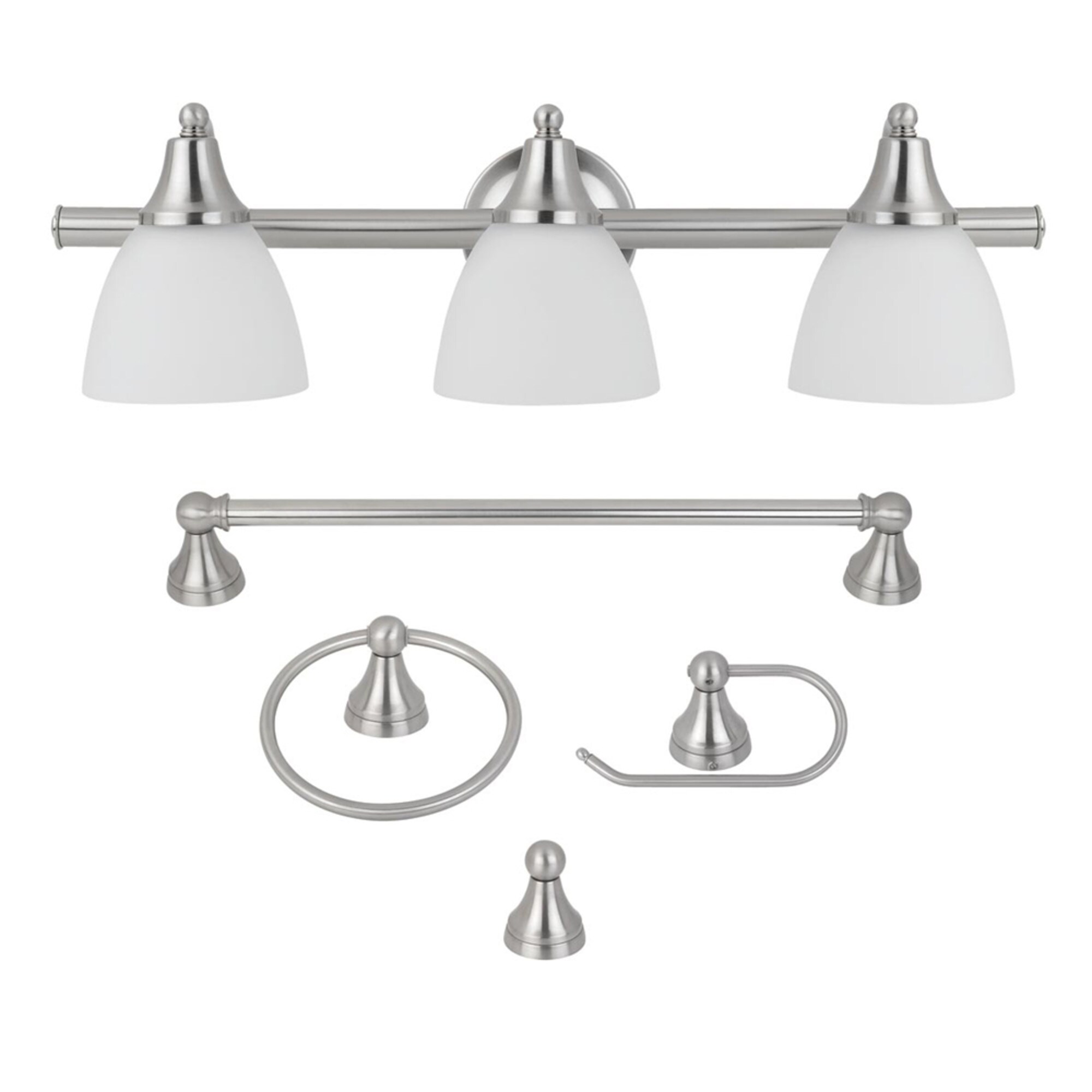 Globe Electric 50700 5 -Piece Estorial Brushed Steel Decorative Bathroom Hardware Set Towel Bar, Toilet Paper Holder, Towel Ring ,Robe Hook Included