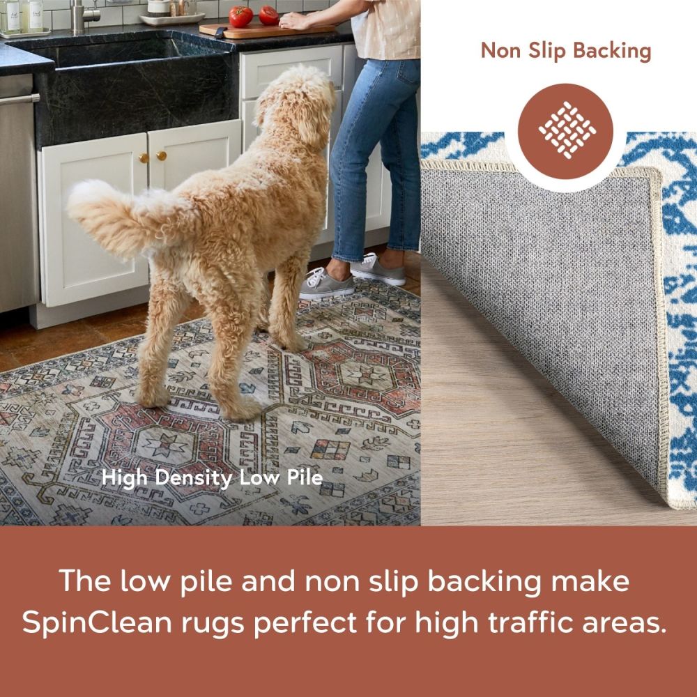Rosanne Blue and Ivory Geometric 5' x 8' Washable Synthetic Area Rug