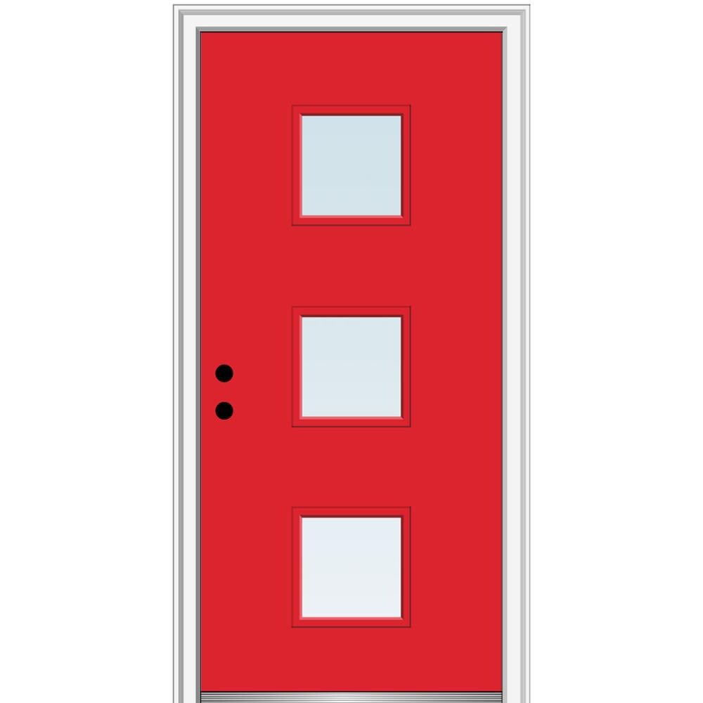 MMI DOOR ZZ346102R Spotlights 36-in x 80-in x 4-9/16-in Fiberglass Pulse lite Right-hand inswing Red Saffron Painted Prehung Front Door with Brickmould Insulating core