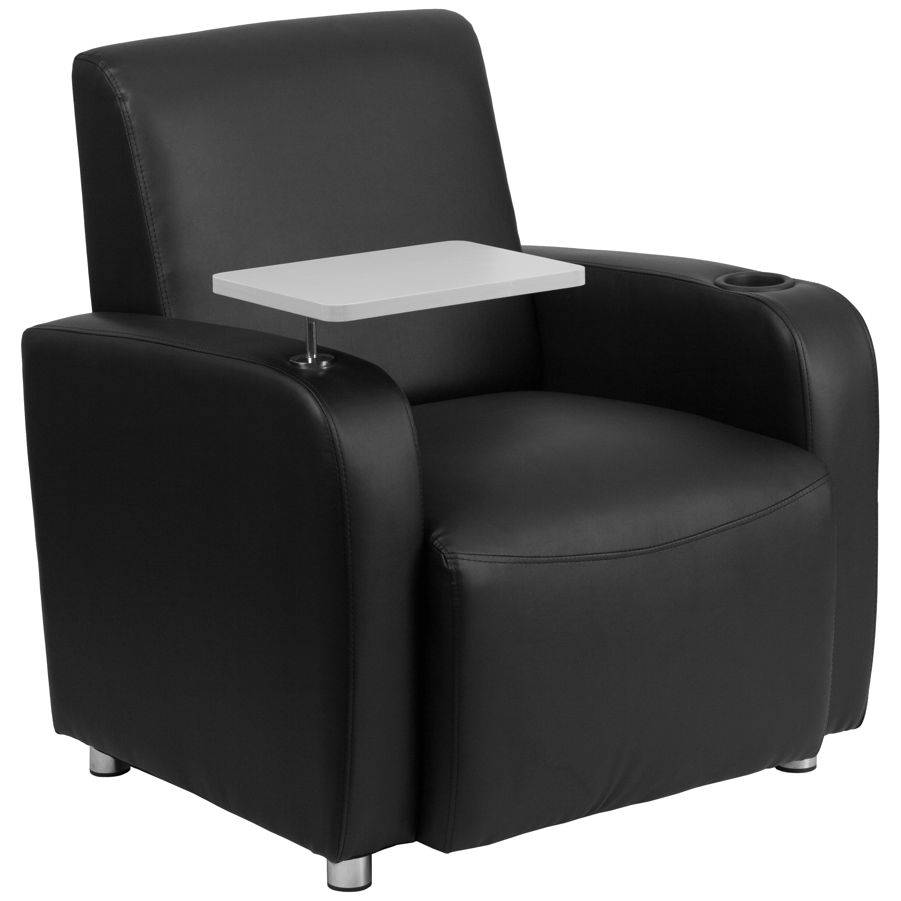 Emma + Oliver Black LeatherSoft Tablet Arm Chair; Chrome Legs and Cup Holder