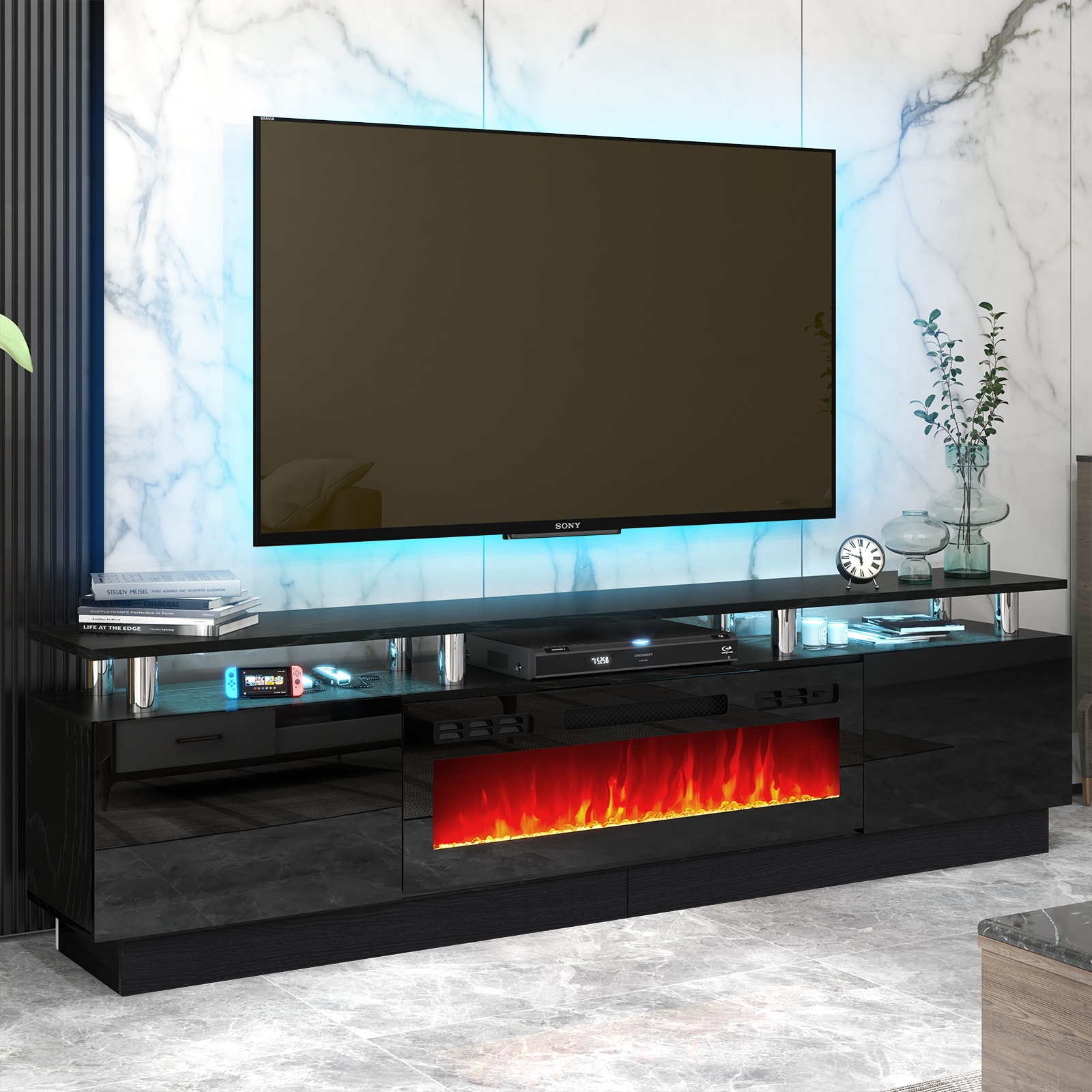 AOXUN 80-in W Black TV Stand with LED Electric Fireplace H21014BK-80+H20023 Sansujyuku sansujyuku.com