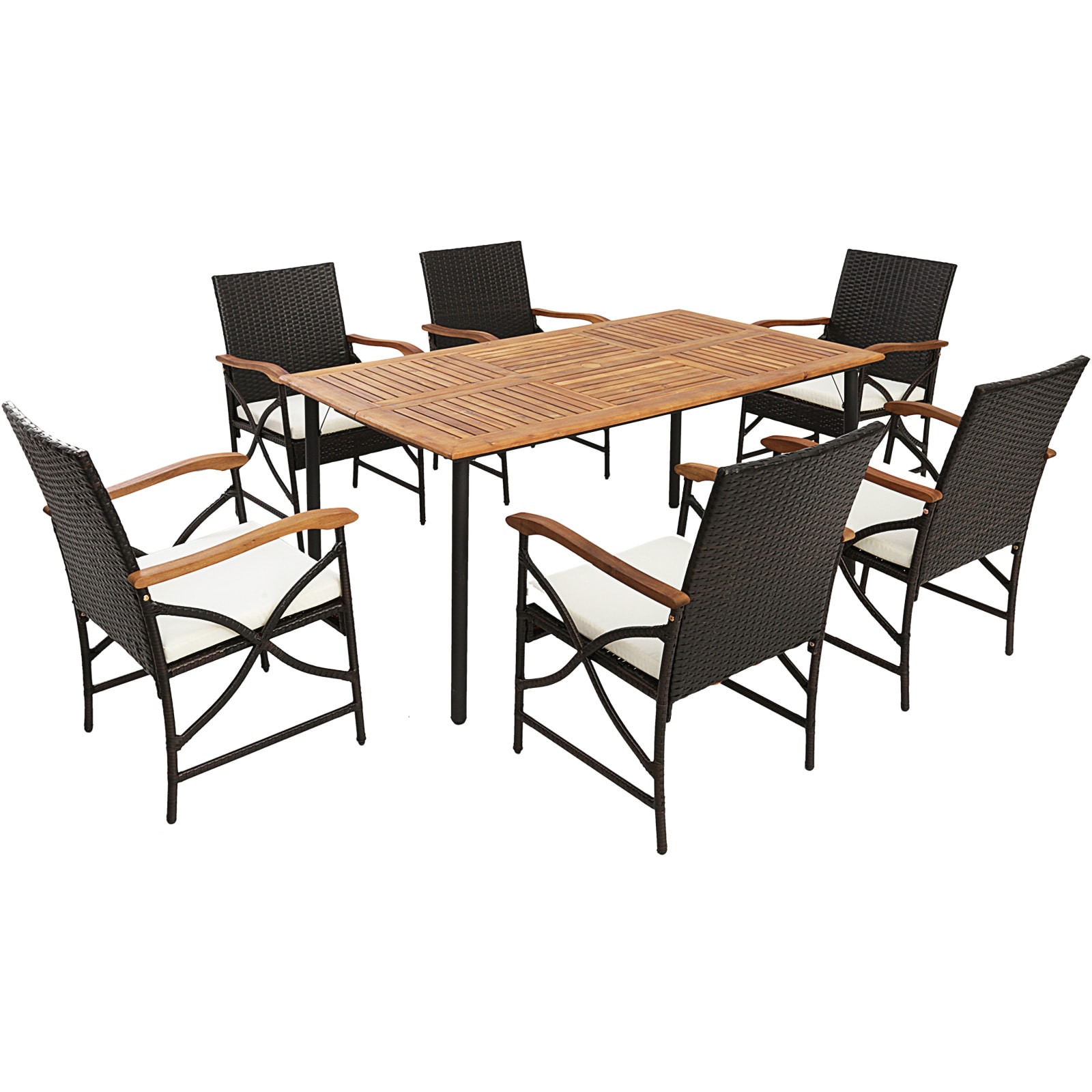 YERIVA HSM70832X32X29 7 -Piece Mix Brown Rattan Patio Dining Set Wood Rectangle Table with 6 Off-white Cushions Stationary Chairs