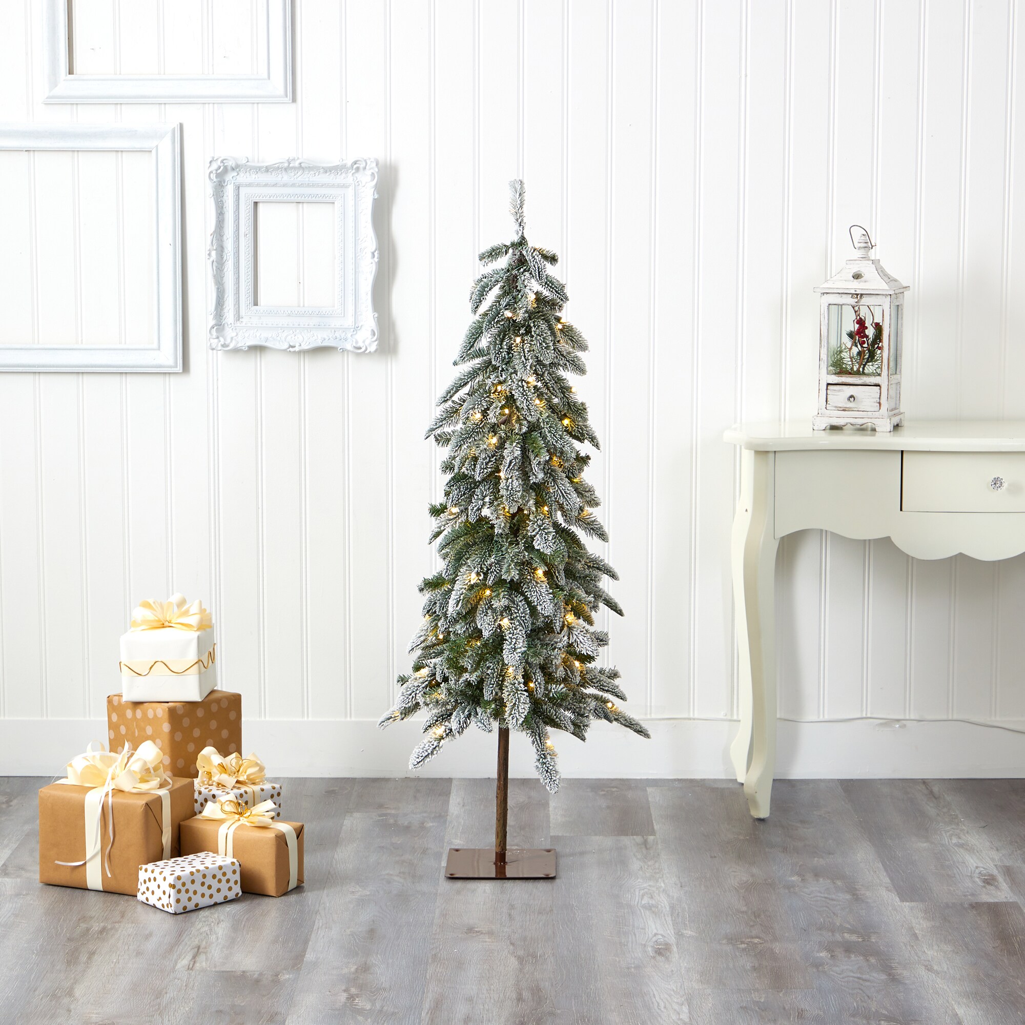 Nearly Natural 4.5-ft Pine Pre-lit Slim Flocked Artificial Christmas ...