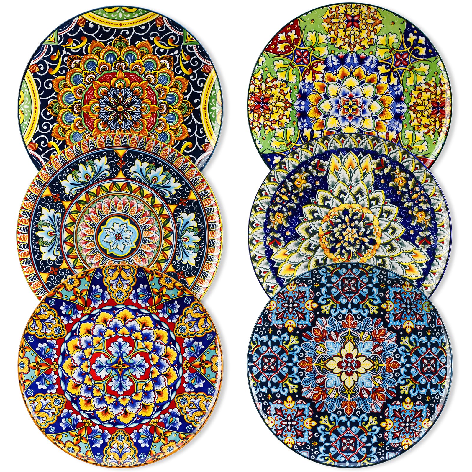 Aoibox  Colorful Bohemian Style Glazed Ceramic Dinner Plates Microwave Oven and Dishwasher Safe Set of 6 Plates