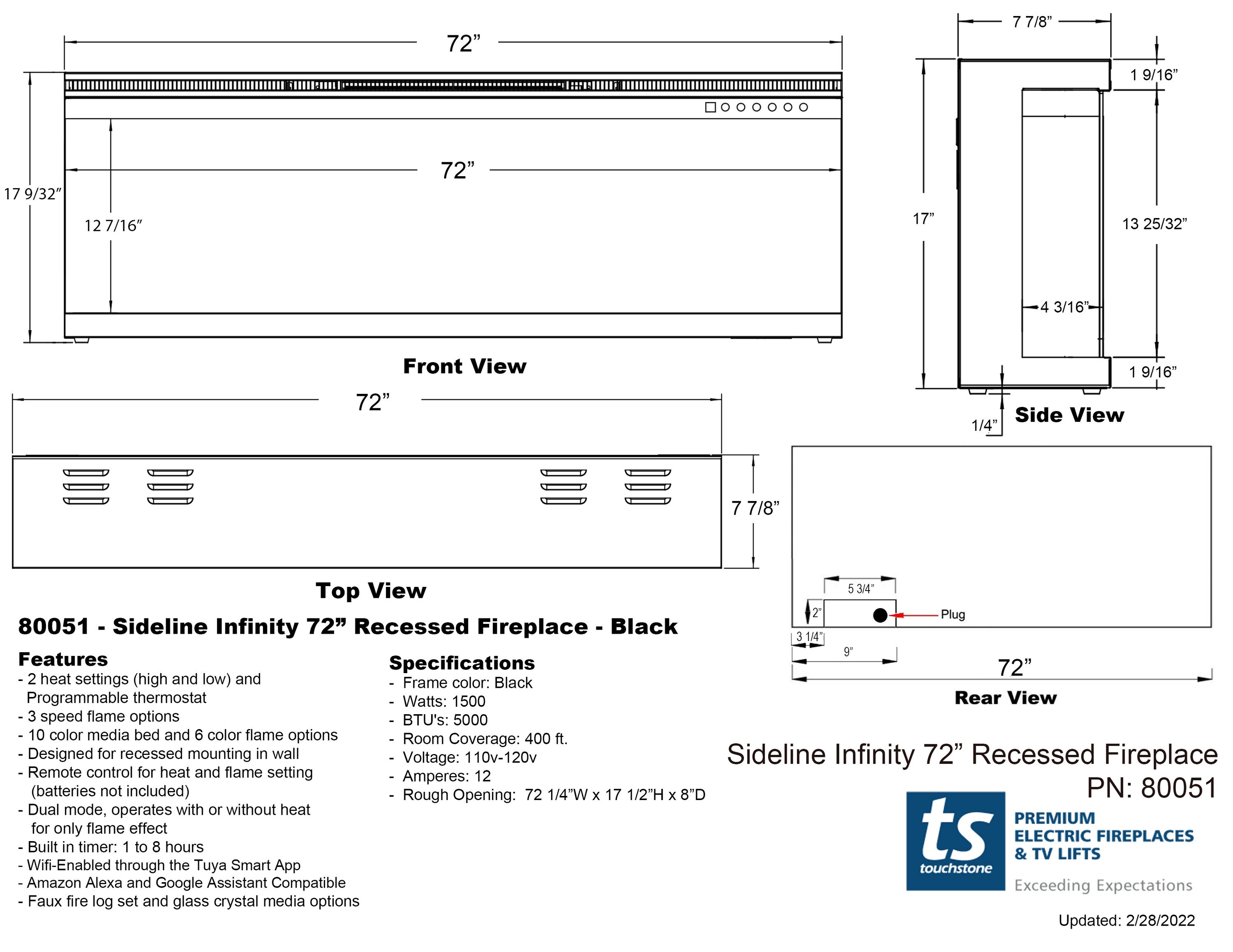 Sideline Infinity 72" Black 3-Sided Smart Electric Fireplace