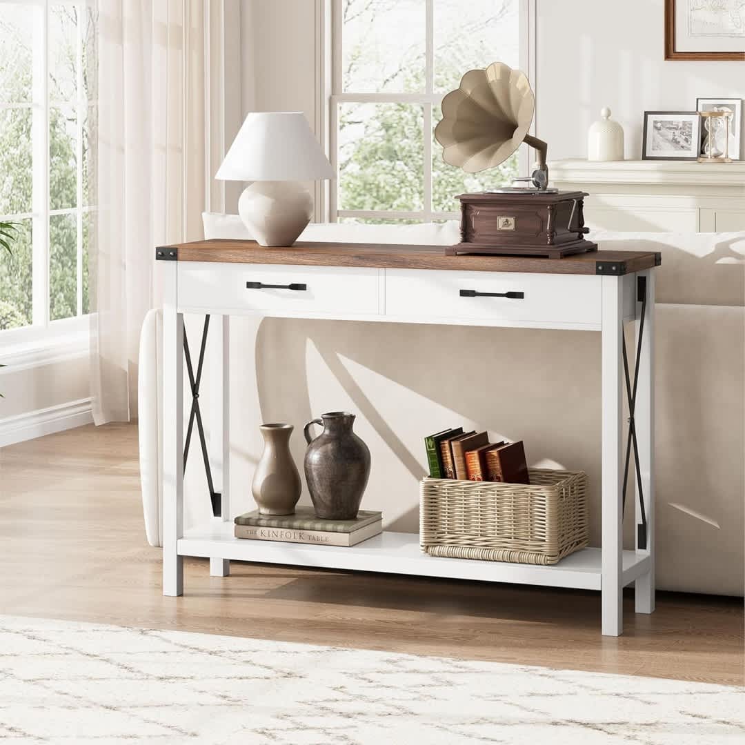 Qeetex GGL-PHO-0VR2QAFY 43 Modern Wood Console Table with 2 Drawers Slim Entryway Table with Storage for Hallway Living Room Behind Couch Sofa-White and Brown