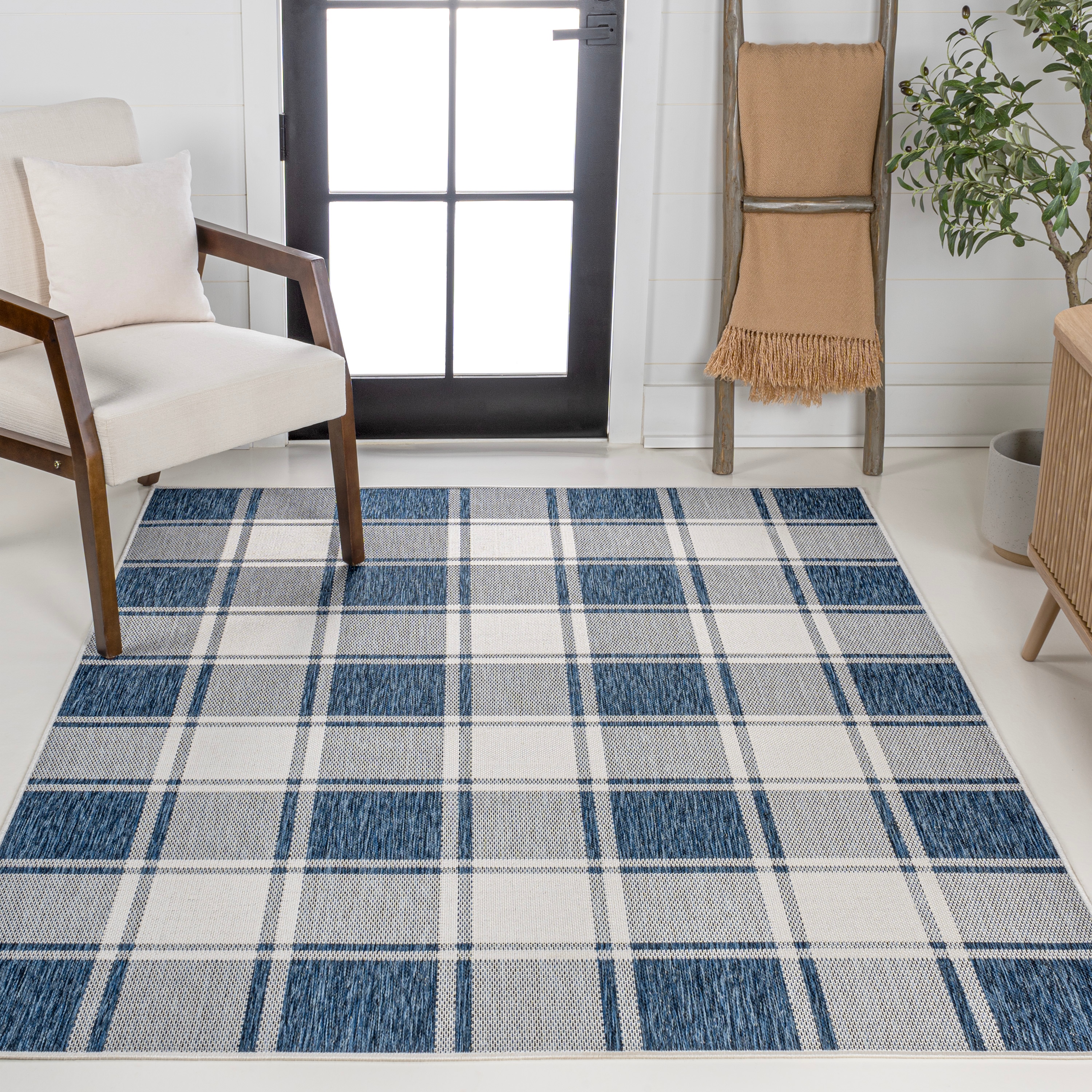 JONATHAN  Y TSN203B-8 TUSCAN SUN Sabine Bold Gingham 8 x 10 (ft) Loomed Polypropylene Navy/Cream Rectangular Indoor/Outdoor Geometric Farmhouse/Cottage Area rug
