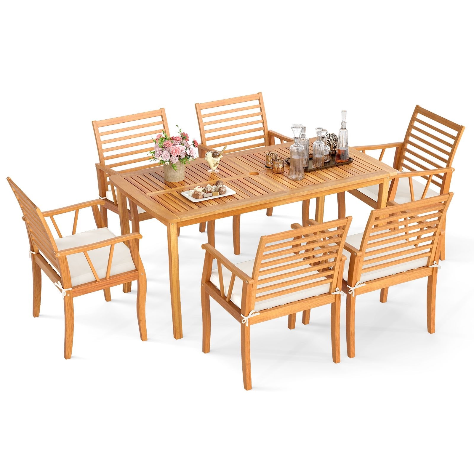 Slickblue - Acacia Wood Natural Finish 7 Piece Outdoor Patio Dining Set with 6 Off White Cushions...