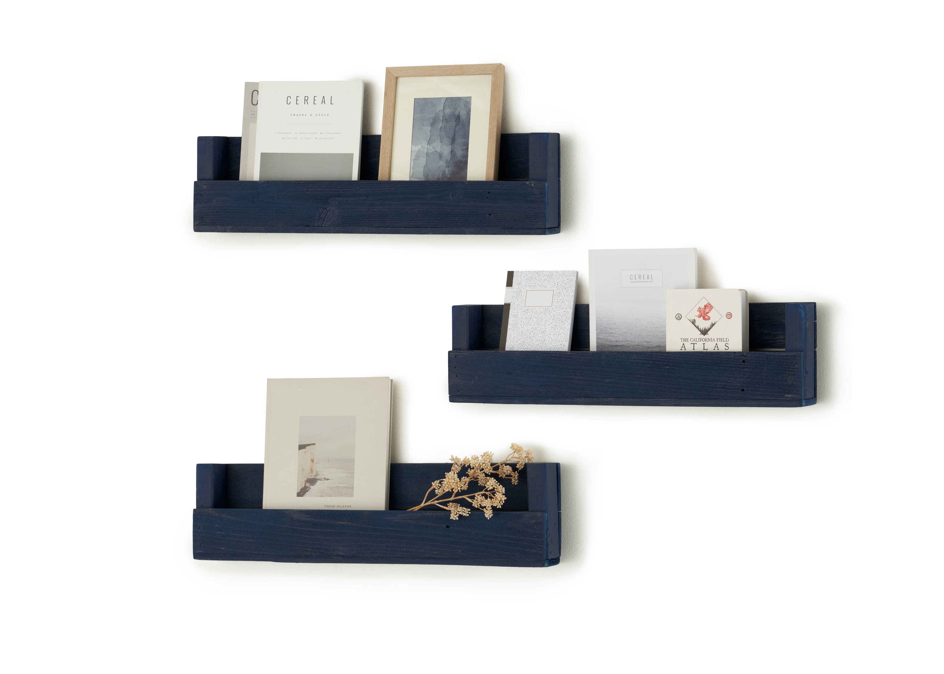 Navy Blue Reclaimed Wood Floating Wall Shelves, 3-Pack