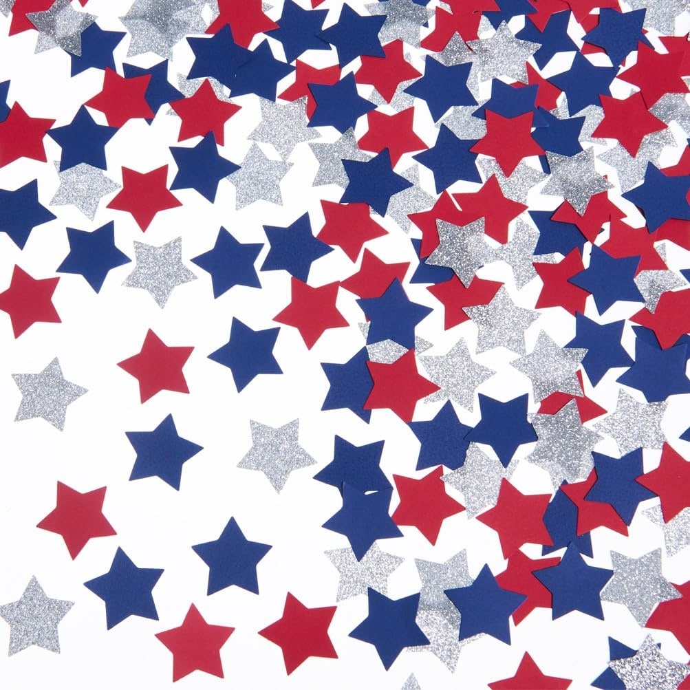 Phewnyzo Silver Blue Red Star Confetti 200 pcs Patriotic Table Decoration for Independence Day Graduation Retirement Party 1 Point 2 Inch Stars #LPW0519W032