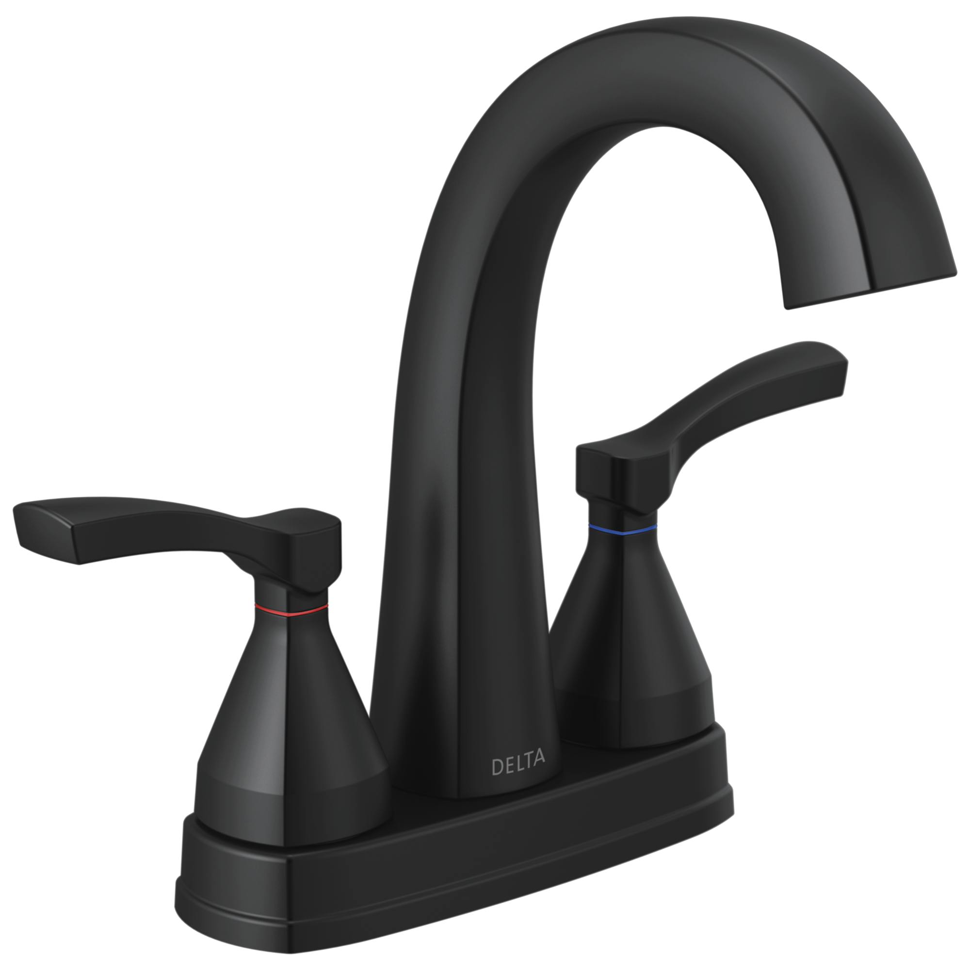 Delta 25775-BLMPU-DST Stryke Matte Black 4-in centerset 2-handle WaterSense Mid-arc Residential Handle Bathroom Sink Faucet with Drain with Deck Plate