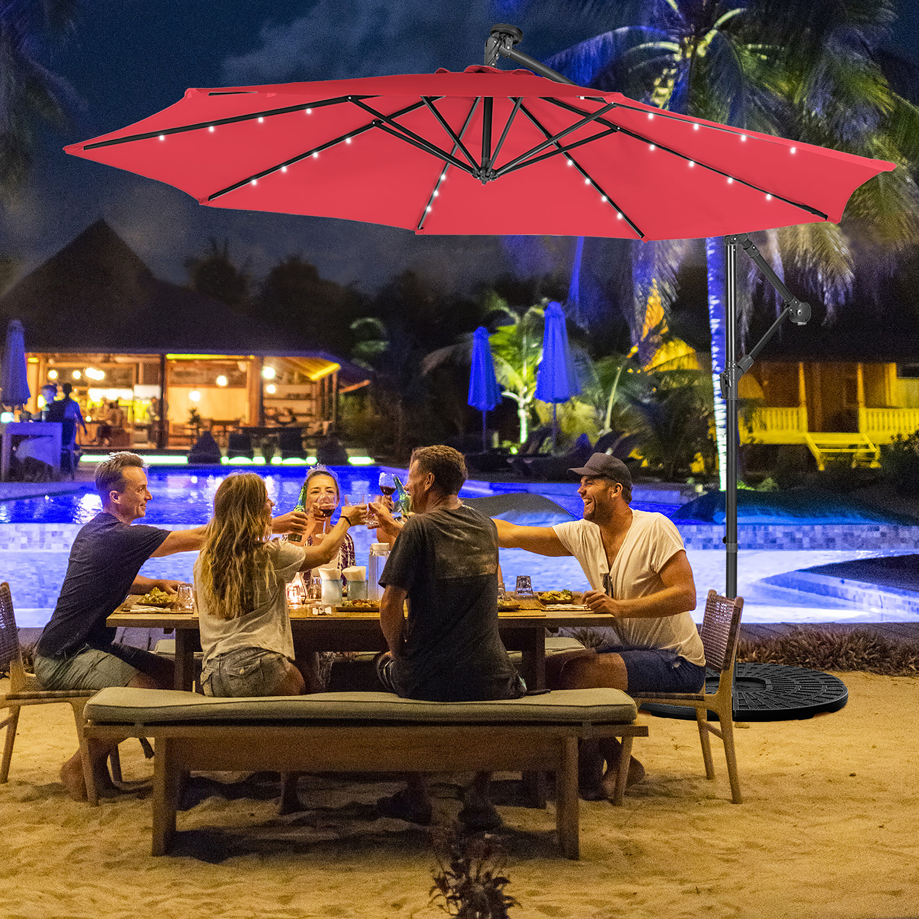 Wine Red 10ft Steel Cantilever Patio Umbrella with LED Lights