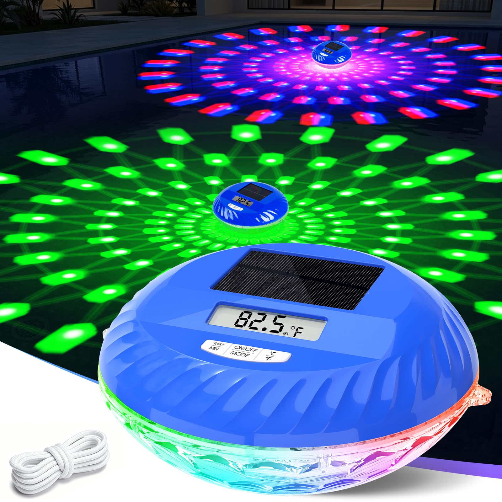 IUEST  Digital Pool Thermometer Solar Powered Floating Swimming Pool Thermometer with Multi Mode Lighting and Rope Tether