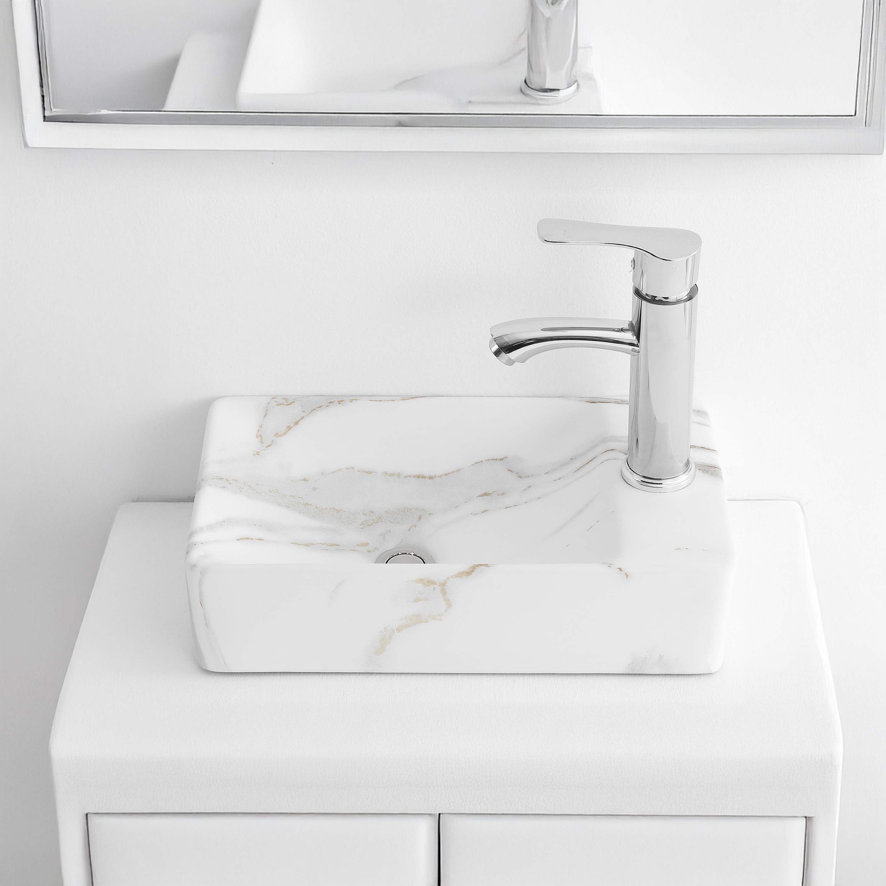 JONATHAN  Y SNK1004C-R Felix Ceramic Mini Sink Porcelain Wall-mount Rectangular Modern White Marble Effect Bathroom Sink ( 15-in x 8.5-in )