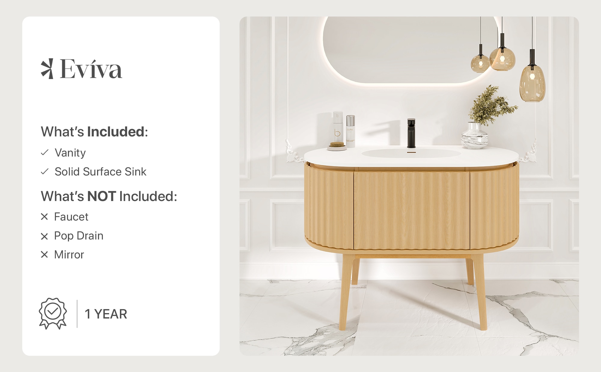 Natural Oak Freestanding Bathroom Vanity with White Solid Surface Top