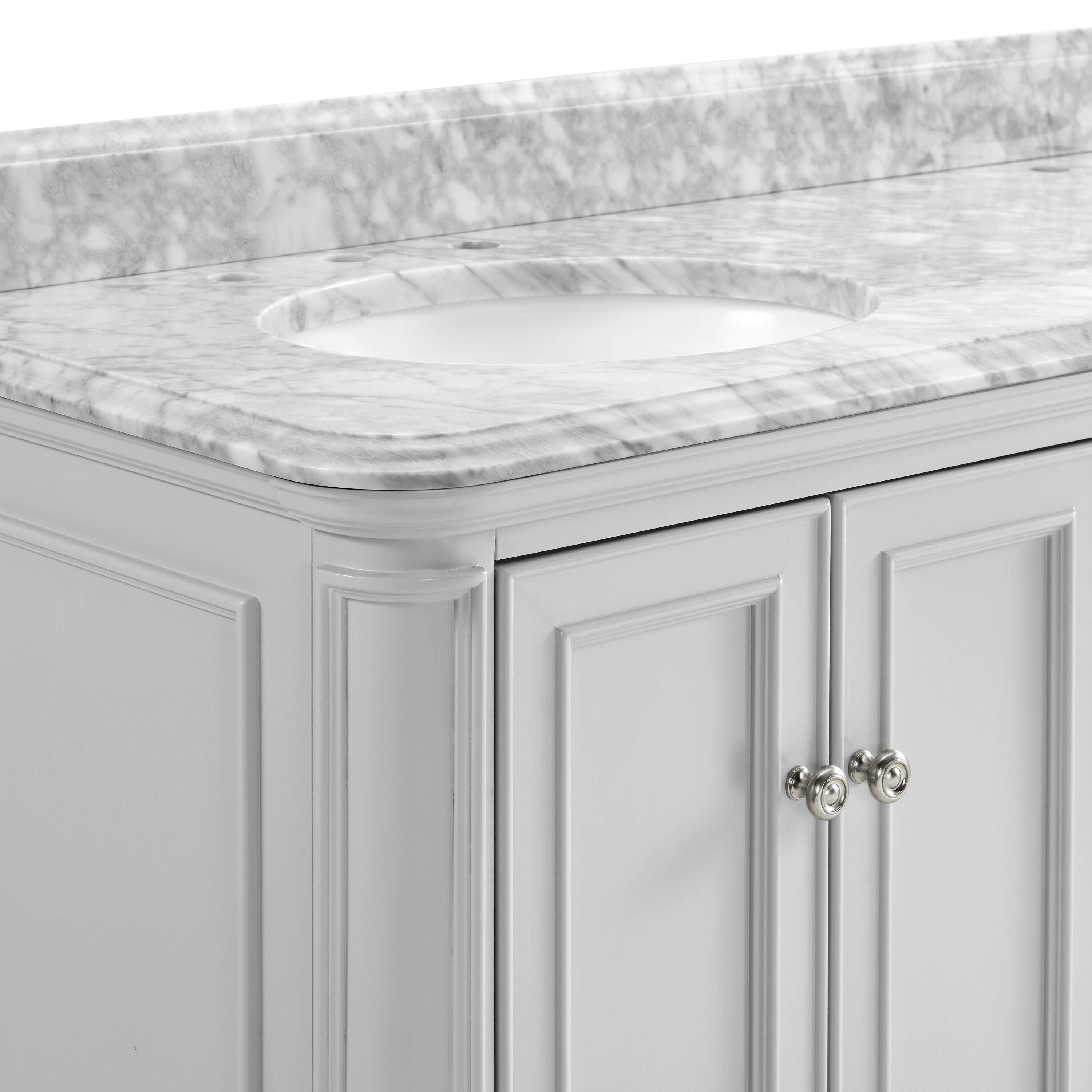 ᐅ【WOODBRIDGE London 60Bathroom Vanity with Engineered Marble White Carrara  Color top 8 faucet holes, Double Rectangle Undermount Sinks, 4 Soft Closing  Doors and 3 full Extension Dovetail Drawers