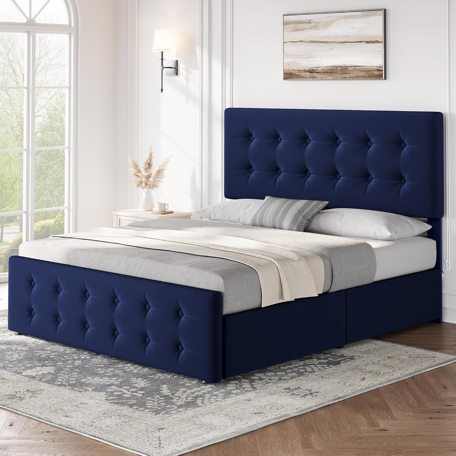Qeetex LHF-BED-PHO-121UIVQY Queen Size Bed Frame with 4 Storage Drawers and Headboard Velvet Upholstered Platform Bed Frame with Wooden Slats Support Button Tufted Design No Box Spring Needed Black
