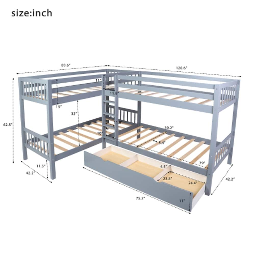 CASAINC Twin L-shaped bunk bed with drawers Gray Twin Over Twin Bunk ...