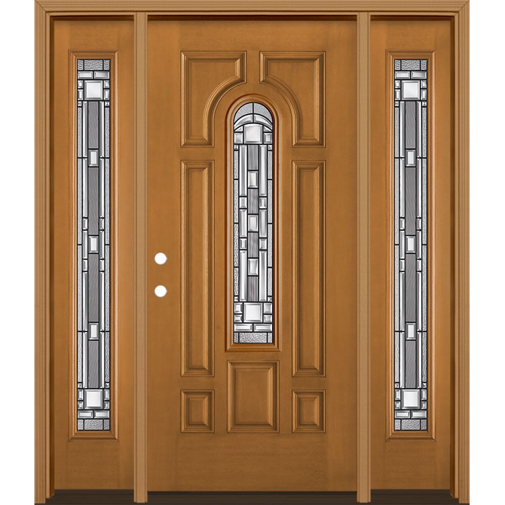 Masonite 3421144 Naples 64-in x 80-in x 4-9/16-in Fiberglass Center arch lite Right-hand inswing Oakcrest Stained Prehung Single door with sidelights Front Door with Brickmould Insulating core Decorative glass