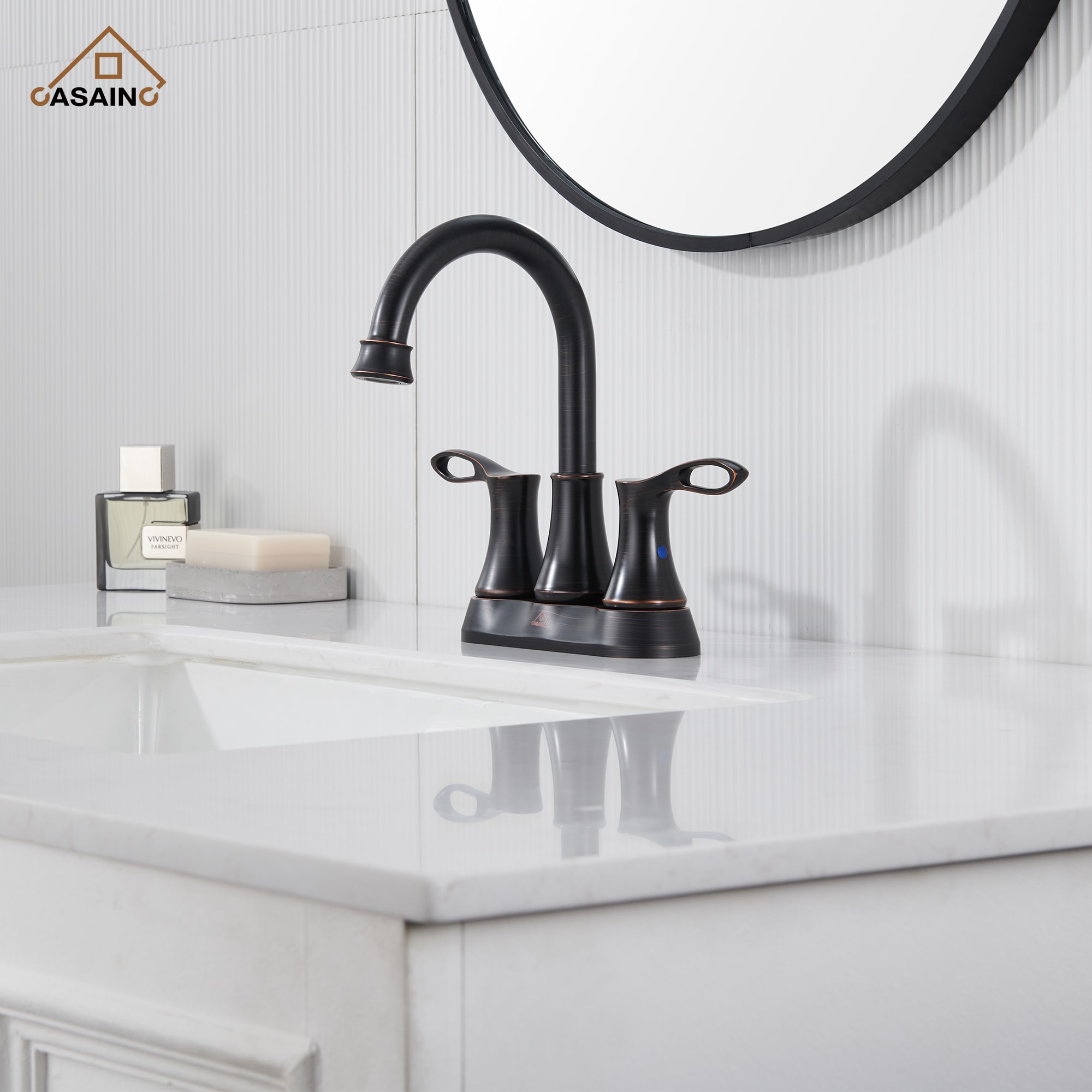 CASAINC ODB-18011-Q Oil-rubbed Bronze 4-in centerset 2-handle Low-arc Residential Handle Bathroom Sink Faucet with Drain with Deck Plate