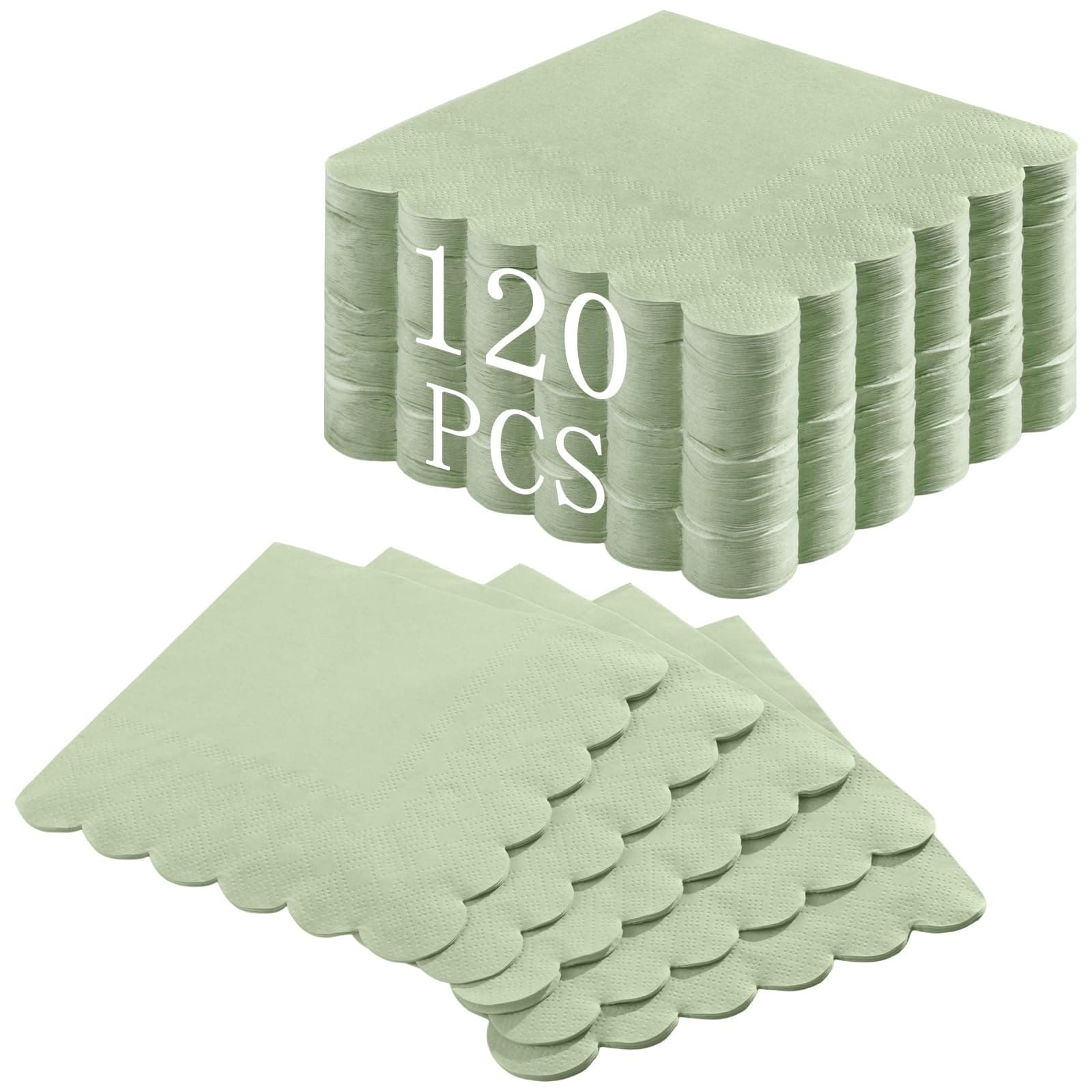 Oyezvary  120 pcs Sage Green Scalloped Paper Cocktail Napkins Disposable Soft Double Layer Beverage and Dessert Napkin for Wedding Baby Shower