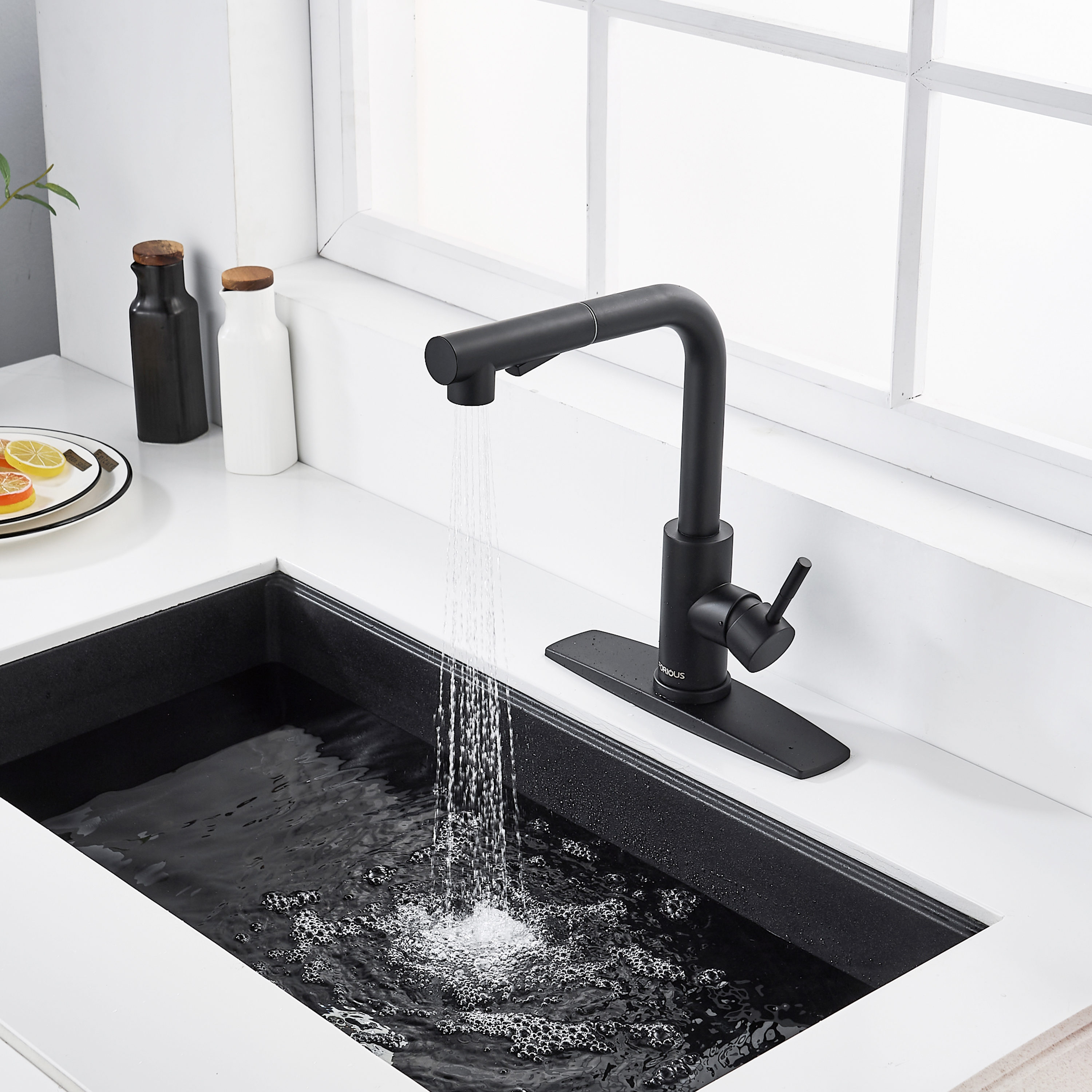 FORIOUS Kitchen Faucet Matte Black Single Handle Pull-down Kitchen ...