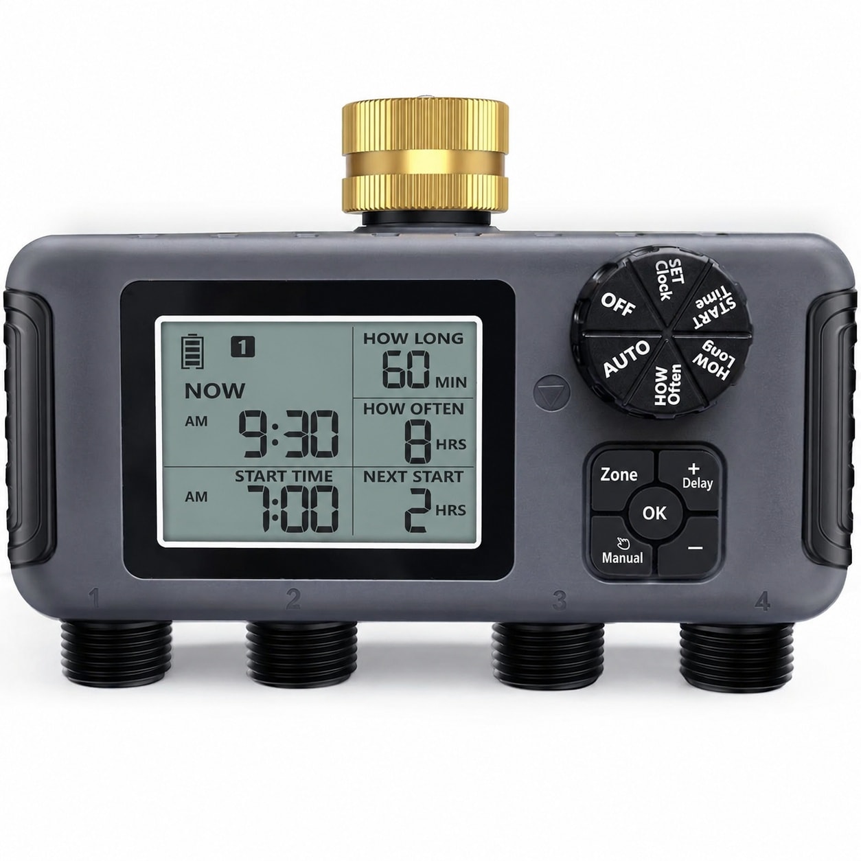 Justincity  Water Timer with Brass Inlet Four Independent Zones Outdoor Hose Timer for Garden Faucet with Auto Manual Rain Delay Mode IPX5