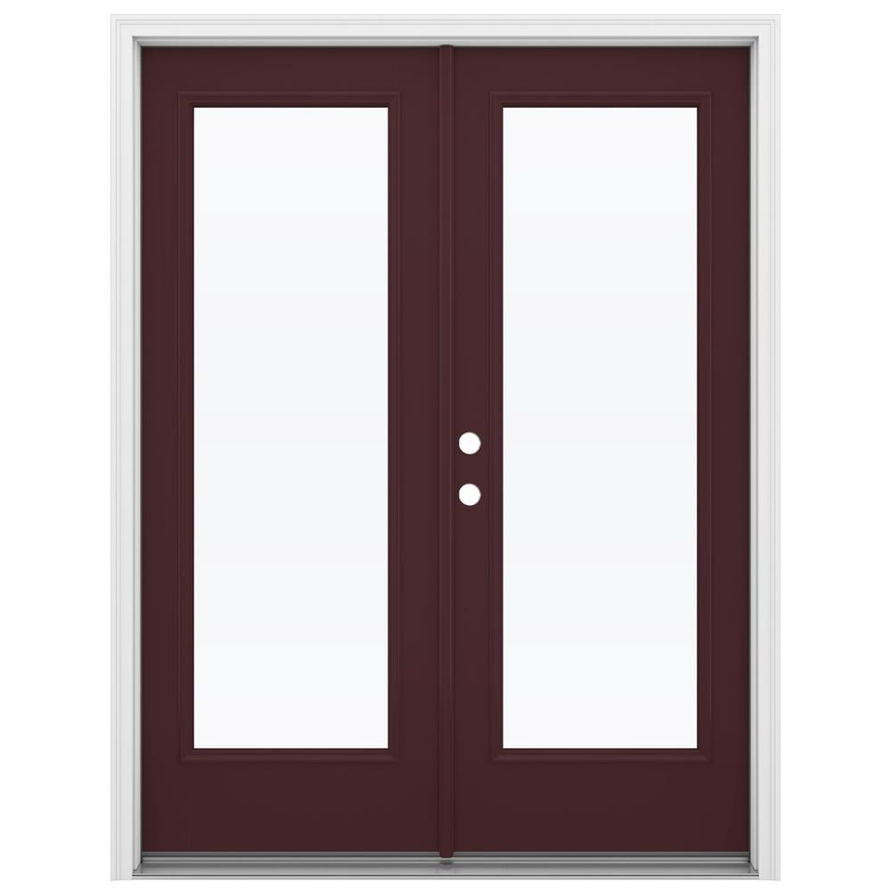 JELD-WEN 60-in x 80-in x 4-9/16-in Jamb Low-e Currant Fiberglass French Right-Hand Inswing Double Patio Door Brickmould Included in Red -  LOWOLJW182200040