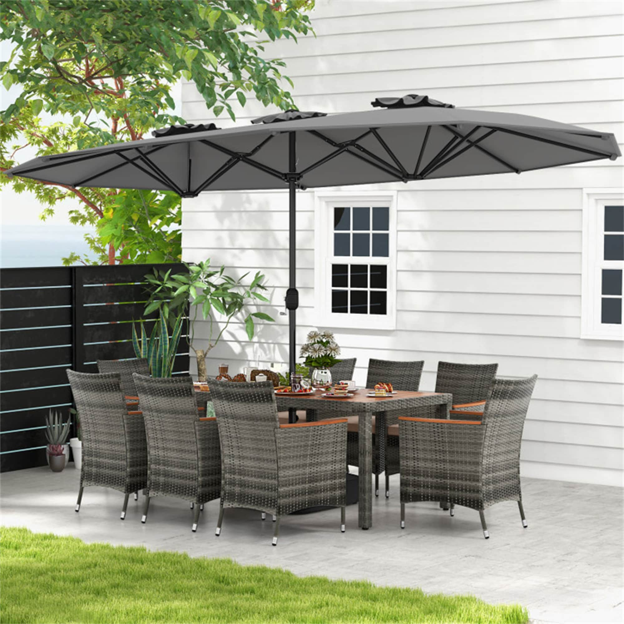 BABOOM 9 Piece Gray Rattan Patio Dining Set with Off White Cushions