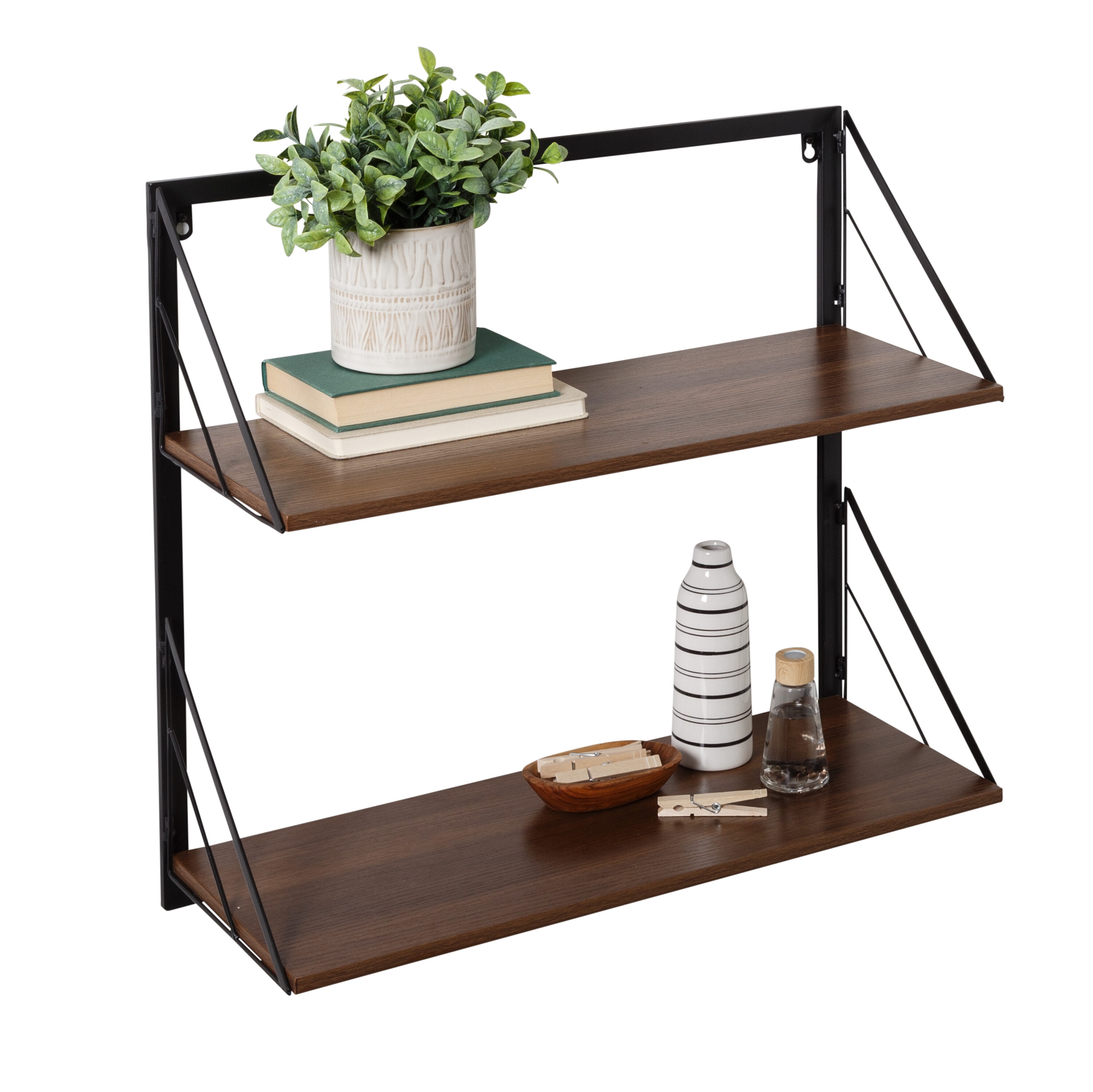Black and Walnut Steel Wood 2-Tier Floating Wall Shelf