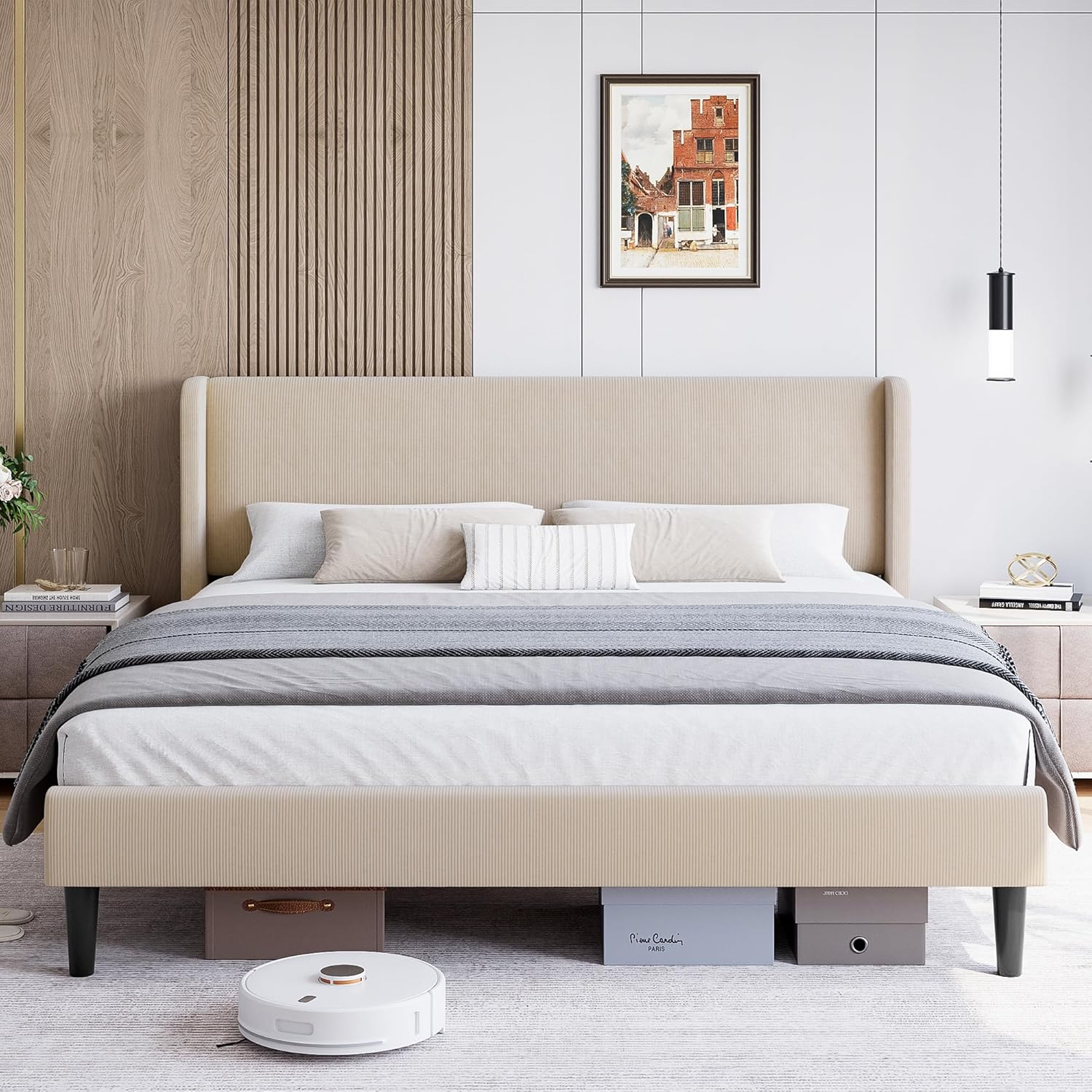 Qeetex PD-PHO-14WNR88P Queen Upholstered Bed Frame With Wingback Headboard-Velvet Platform-Wood Slats-Box Spring Optional-Easy Assembly-Beige