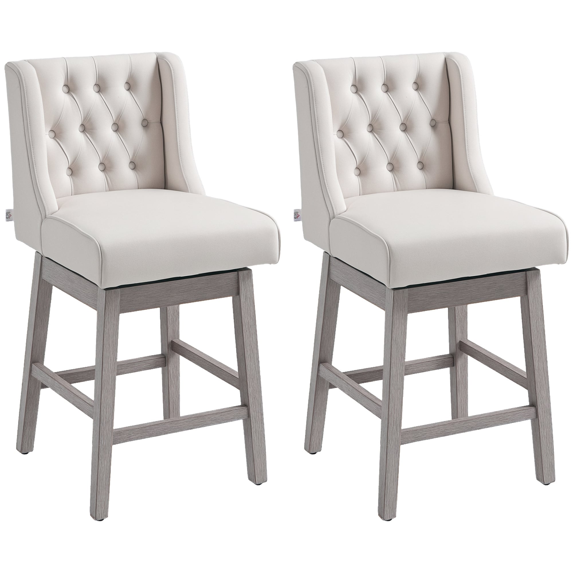 HomCom 835-178V03BG Counter Height Bar Stools Set of 2 180 Degree Swivel Barstools 27in Seat Height Bar Chairs with Solid Wood Footrests and Button Tufted Design Beige