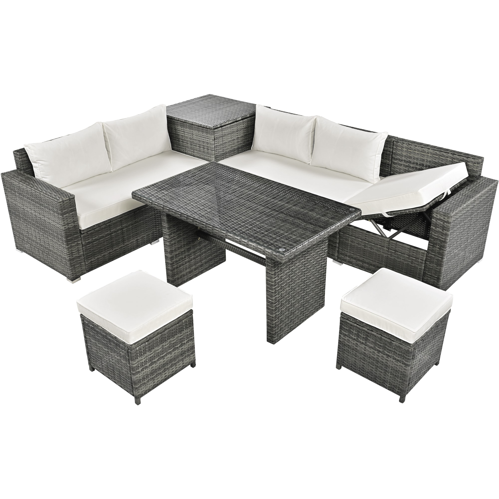 JIMSMAISON BOTMPCS28G-BEG 6 -Piece Rattan Patio Sofa Conversation Set with White Cushions